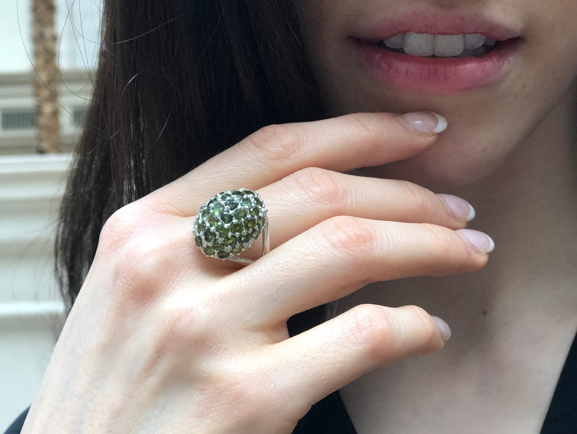 Green Tourmaline Ring, Natural Tourmaline, Cluster Ring, Green Cluster Ring, Green Chunky Ring, Vintage Ring, Berry Ring, Solid Silver Ring