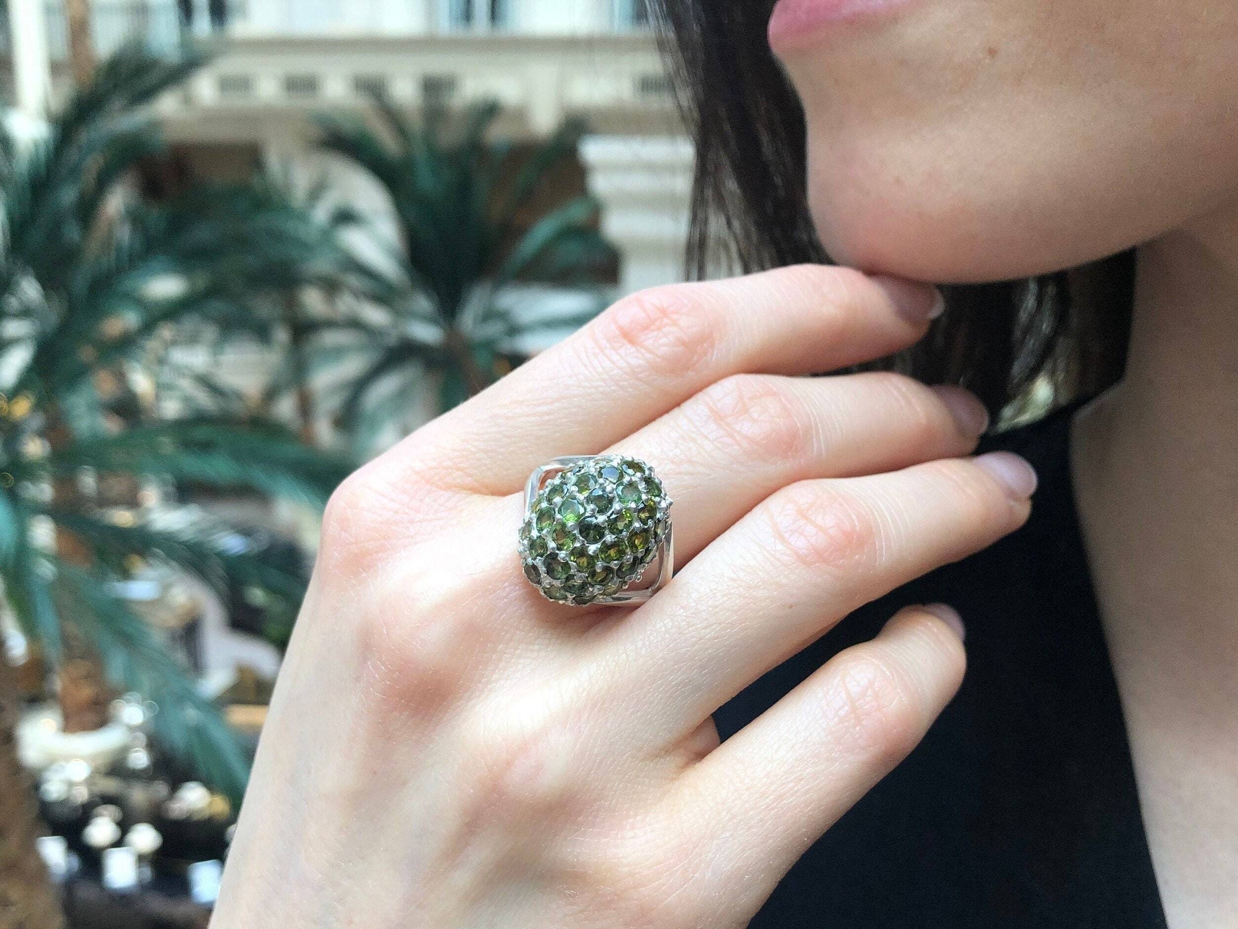 Green Tourmaline Ring, Natural Tourmaline, Cluster Ring, Green Cluster Ring, Green Chunky Ring, Vintage Ring, Berry Ring, Solid Silver Ring