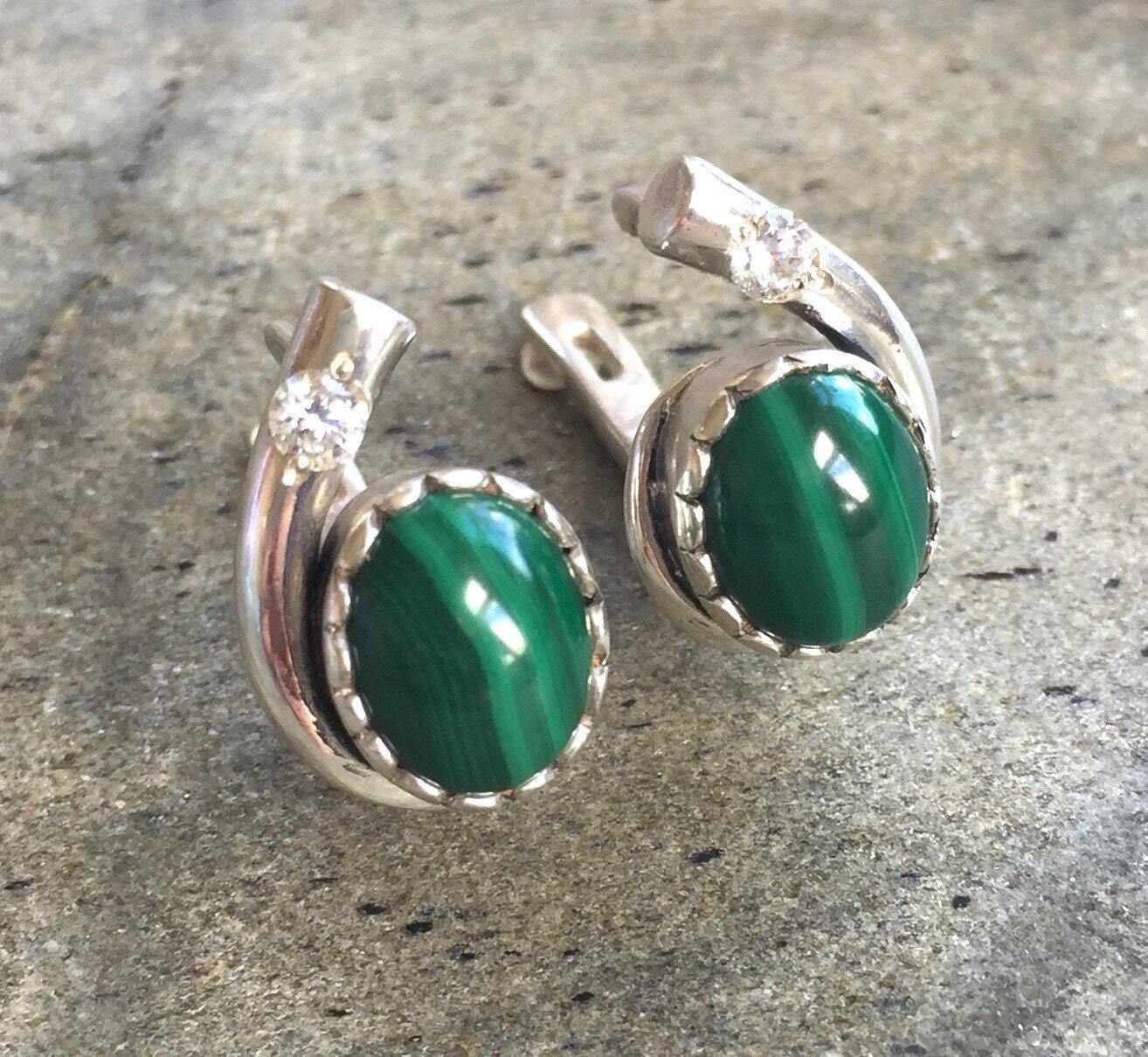 Malachite Earrings, Gemstone Earrings, Vintage Earrings, Green Earrings, Natural Gem, African Stone, Solid Silver, Silver Earrings (387286466)