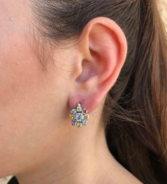 Flower Earrings, Blue Topaz Earrings, Natural Topaz, Vintage Earrings, Amethyst Earrings, Citrine Earrings, Birthstone Earrings, Pure Silver