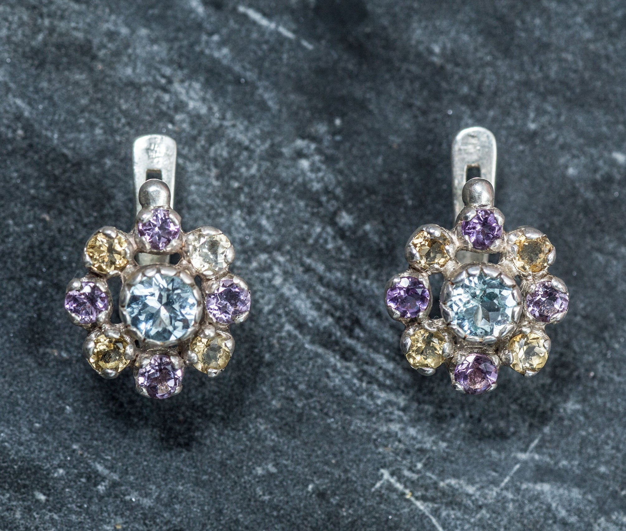 Flower Earrings, Blue Topaz Earrings, Natural Topaz, Vintage Earrings, Amethyst Earrings, Citrine Earrings, Birthstone Earrings, Pure Silver