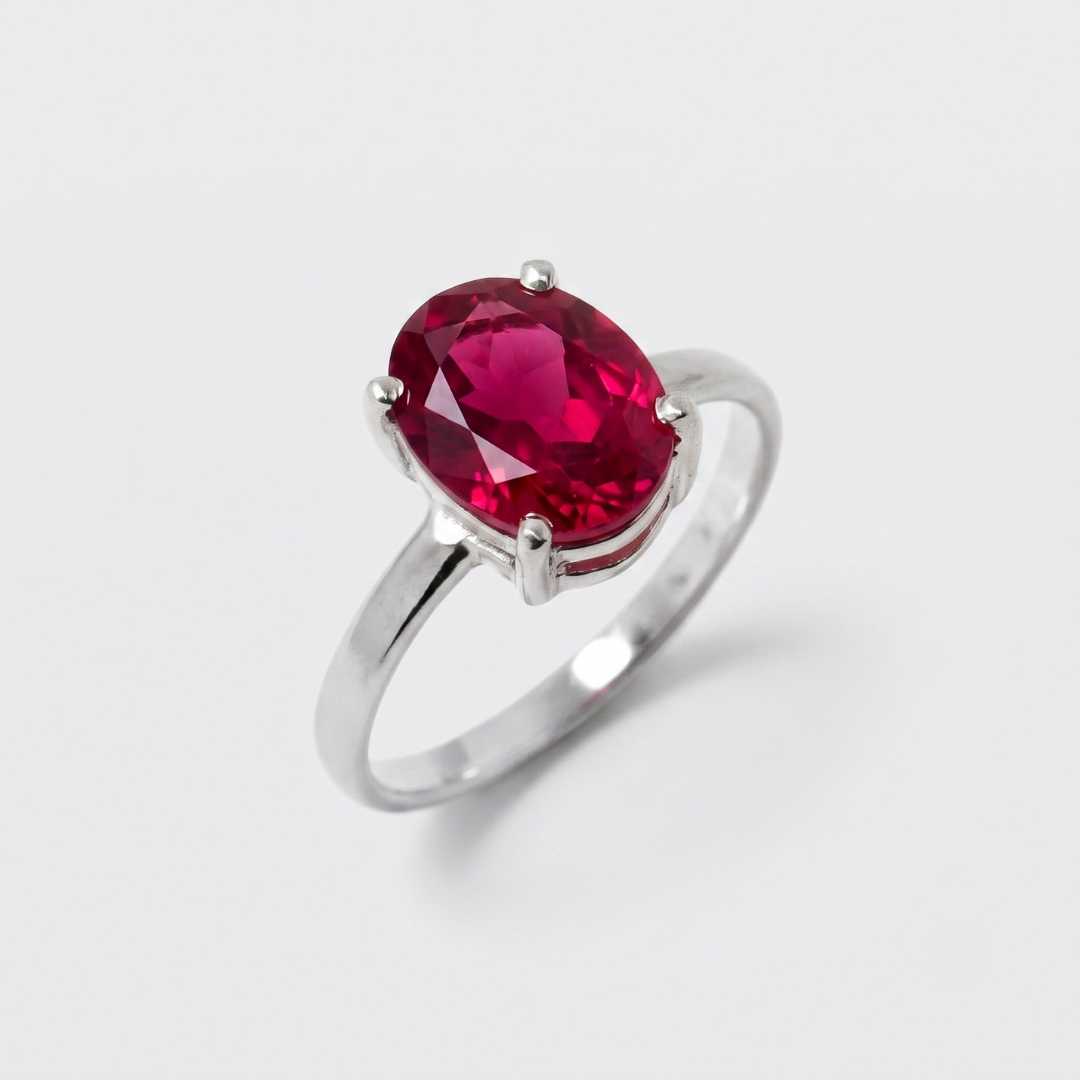Created Ruby Ring made in 925 Sterling Silver with Oval Created Red Ruby in Prong setting, July Birthstone gift idea, symbolizes nobility, purity, and passion, ideal for everyday wear and perfect for birthday gifting and special occasions.