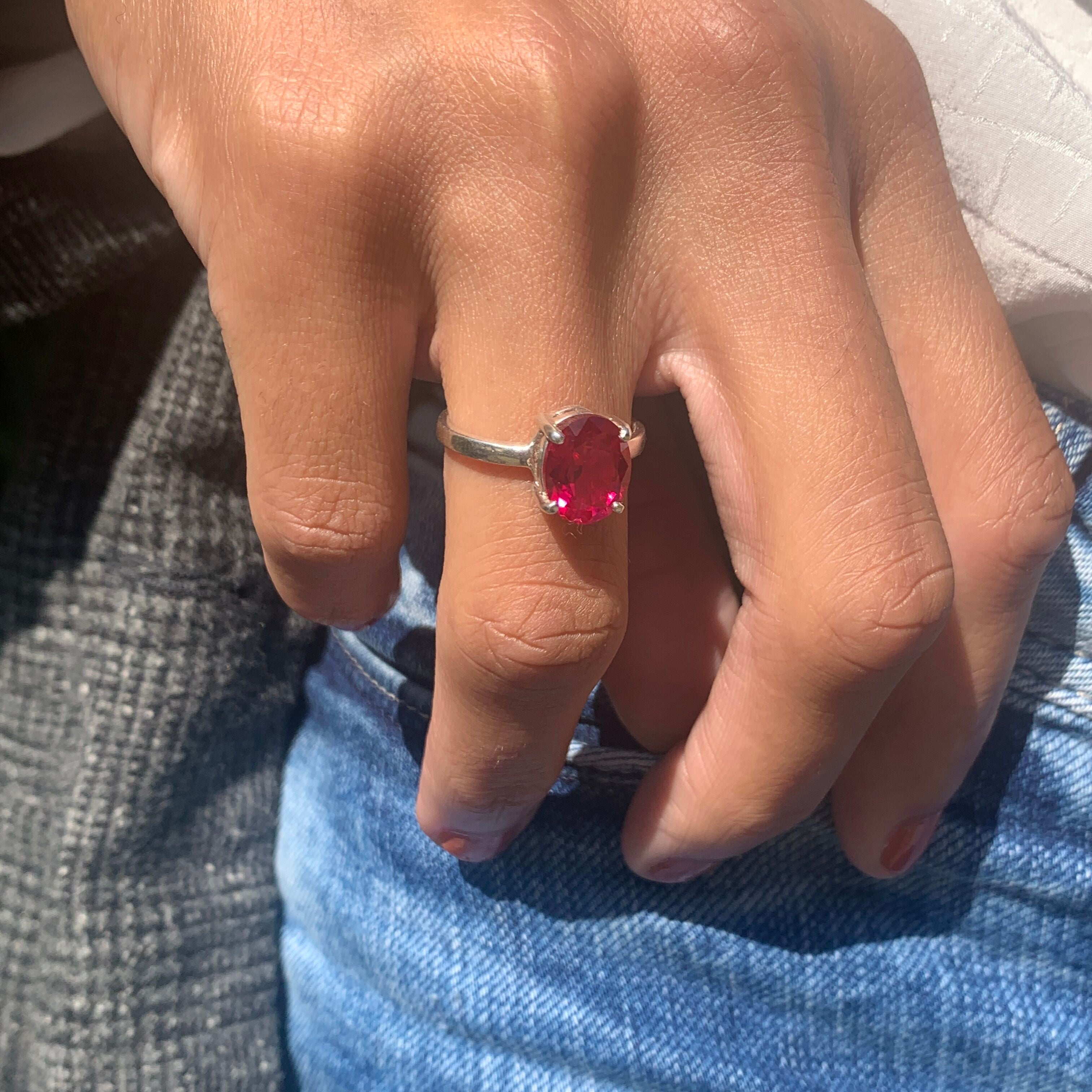 Elegant Ruby Ring in 925 Sterling Silver with Oval Created Red Ruby, a perfect July birthstone gift for special occasions.