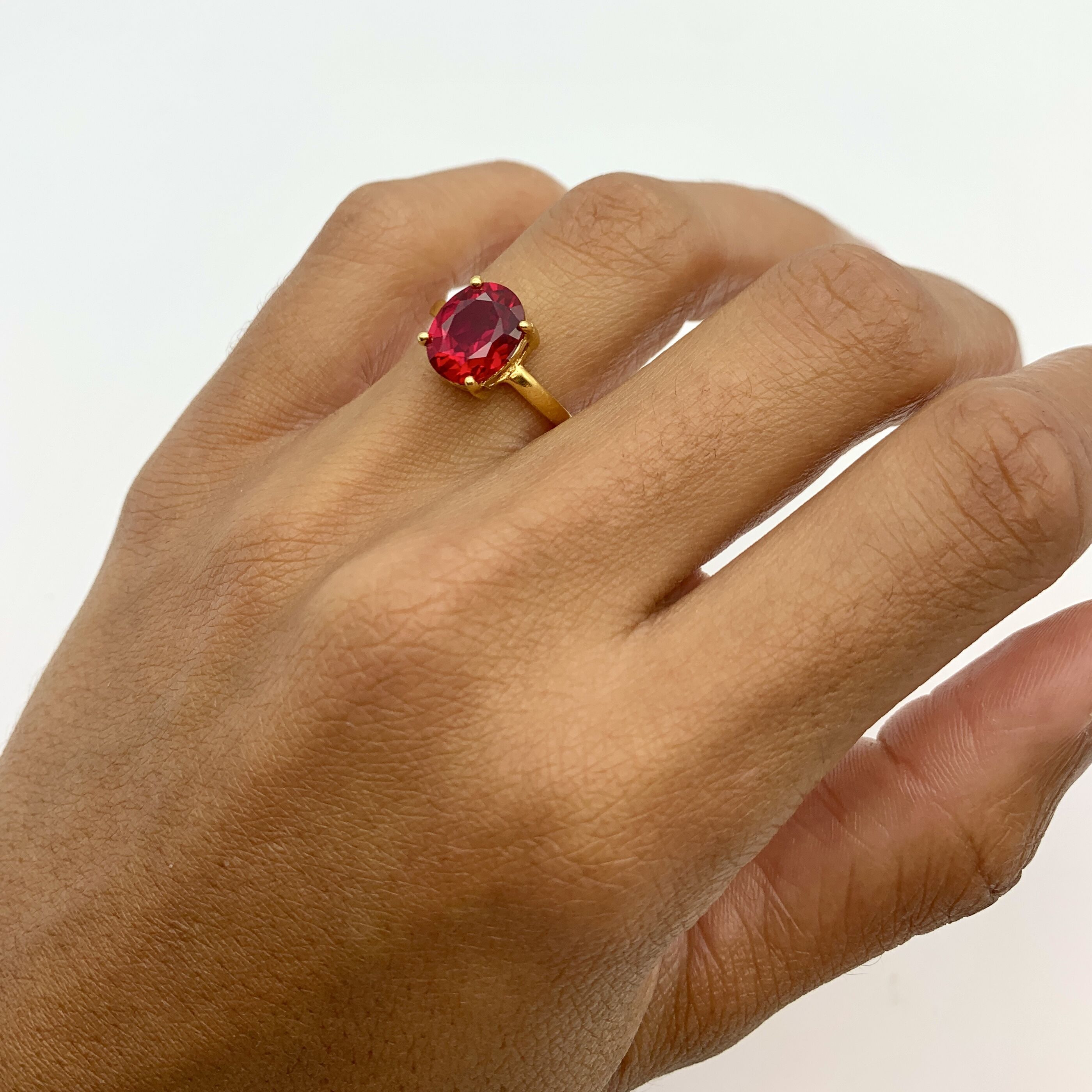 Elegant 18k Gold Vermeil Ruby Ring with Oval Created Red Ruby, a stunning July birthstone gift for special occasions.