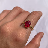Elegant 18k Gold Vermeil Ruby Ring with Oval Created Red Ruby, a stunning July birthstone gift for special occasions.