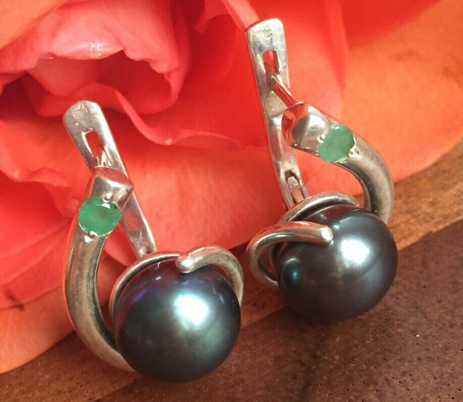 Black Pearl Earrings, Natural Pearl, Vintage Earrings, June Birthstone, Unique Earrings, June Earrings, 925 Silver Earrings, Natural Emerald