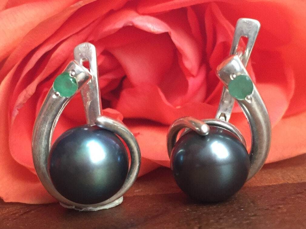 Black Pearl Earrings, Natural Pearl, Vintage Earrings, June Birthstone, Unique Earrings, June Earrings, 925 Silver Earrings, Natural Emerald