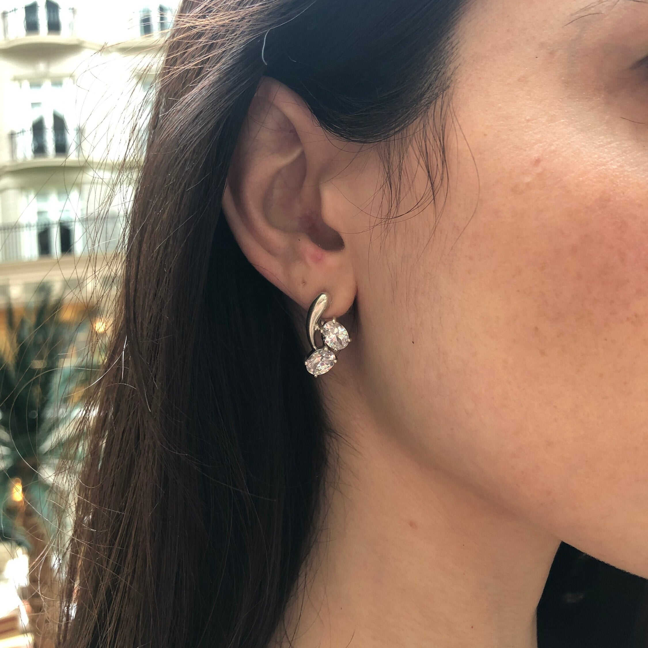 Diamond Earrings, Created Diamond, Asymmetric Earrings, White Vintage Earrings, 2 Stone Earrings, Bridal Earrings, Solid Silver Earrings