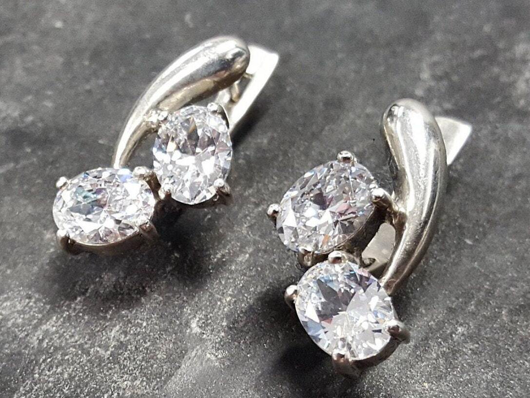 Diamond Earrings, Created Diamond, Asymmetric Earrings, White Vintage Earrings, 2 Stone Earrings, Bridal Earrings, Solid Silver Earrings