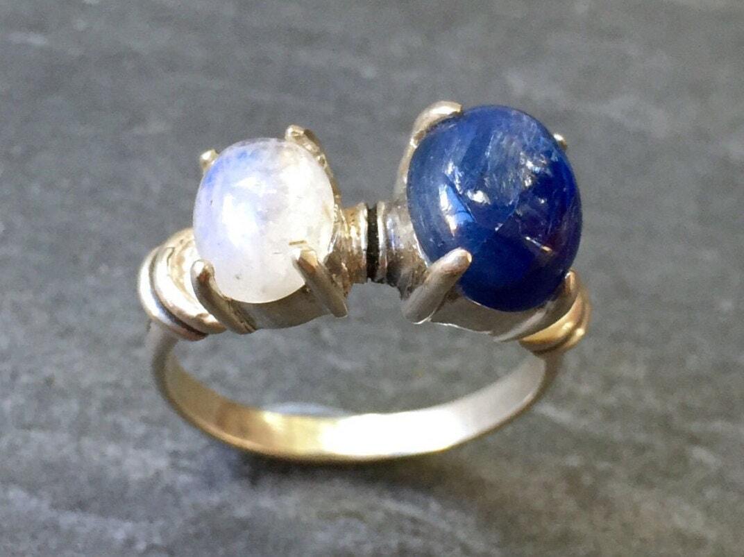 Kyanite Ring, Moonstone Ring, June Birthstone Ring, Rainbow Moonstone, Natural Moonstone, Kyanite, Vintage Ring, Solid Silver Ring
