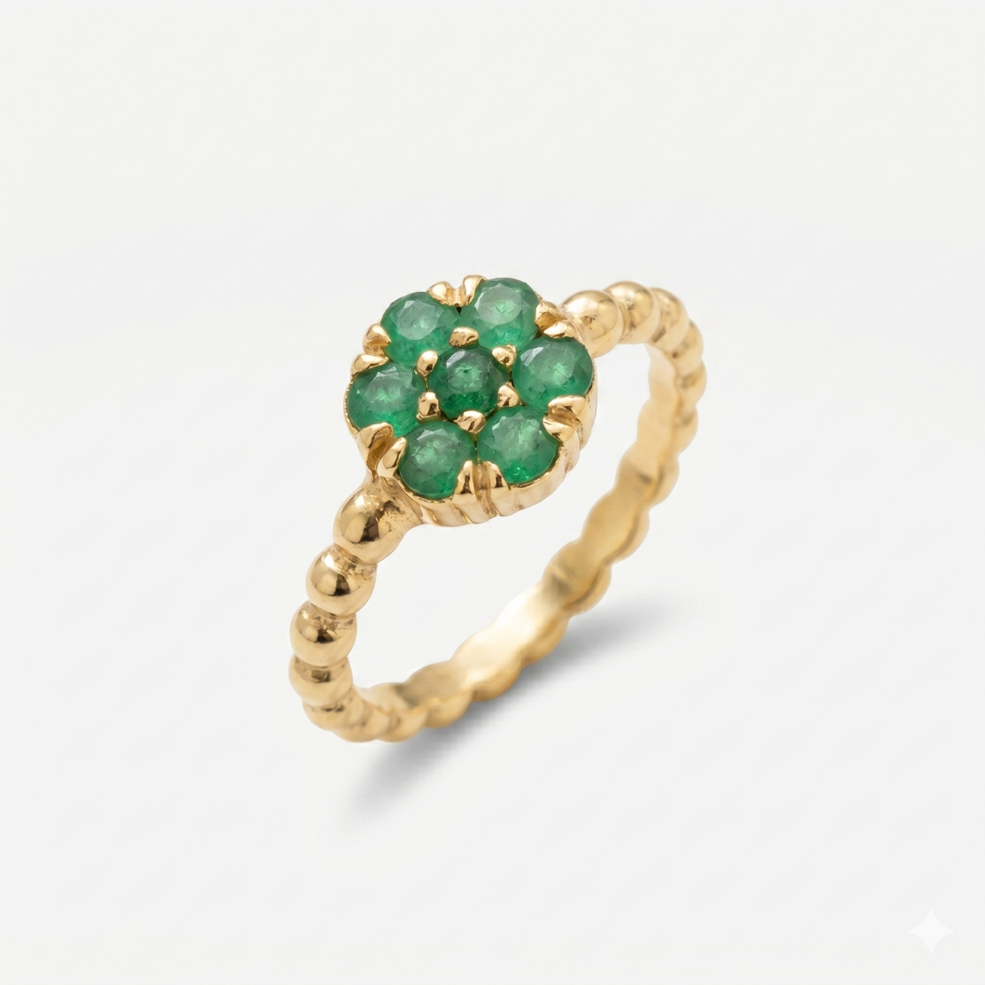 Natural Emerald Ring made in 18k Gold Vermeil with Round Natural Green Emerald in Cluster setting, May Birthstone gift idea, symbolizes growth, harmony, and deep emotional healing, ideal for everyday wear and perfect for birthday gifting and special occasions.