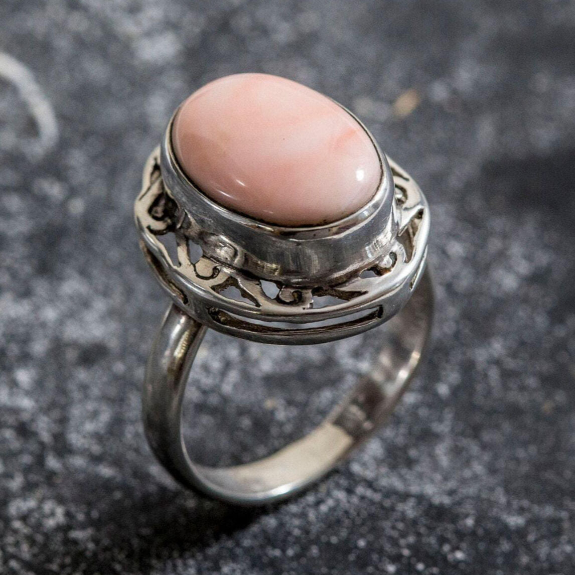 Pink Coral Ring, Natural Coral Ring, Antique Ring, Angel Skin Coral, Vintage Silver Ring, Large Coral Ring, Oval Ring, Solid Silver Ring