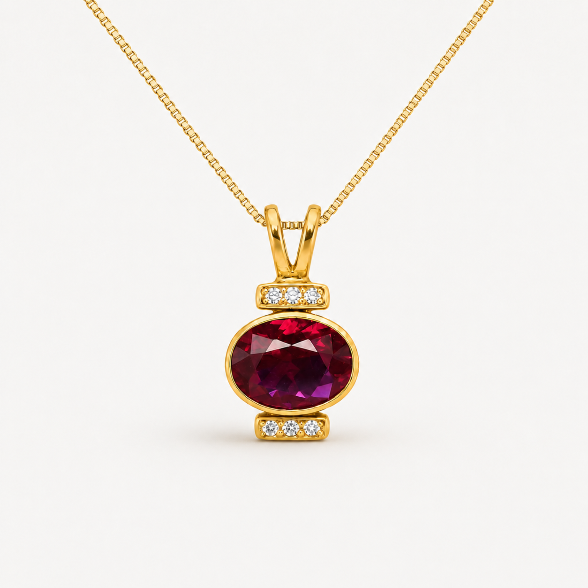 Created Ruby Pendant made in 18k Gold Vermeil with Oval Created Red Ruby in Bezel setting, July Birthstone gift idea, symbolizes nobility, purity, and passion, ideal for everyday wear and perfect for birthday gifting and special occasions.