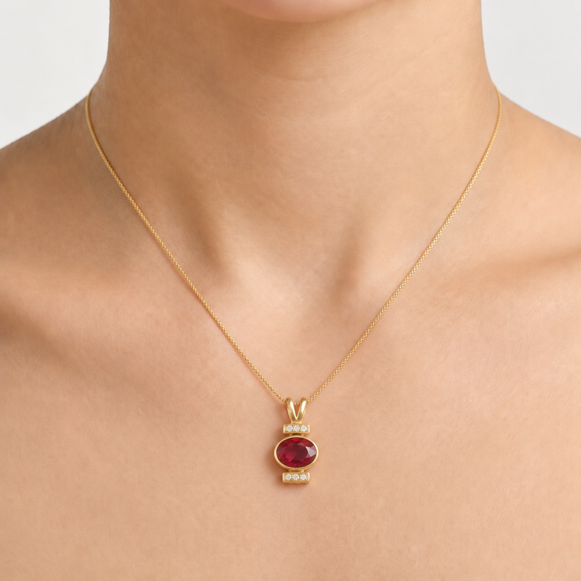 Elegant Ruby Pendant in 18k Gold Vermeil, featuring an Oval Created Red Ruby, perfect for birthdays and special occasions.
