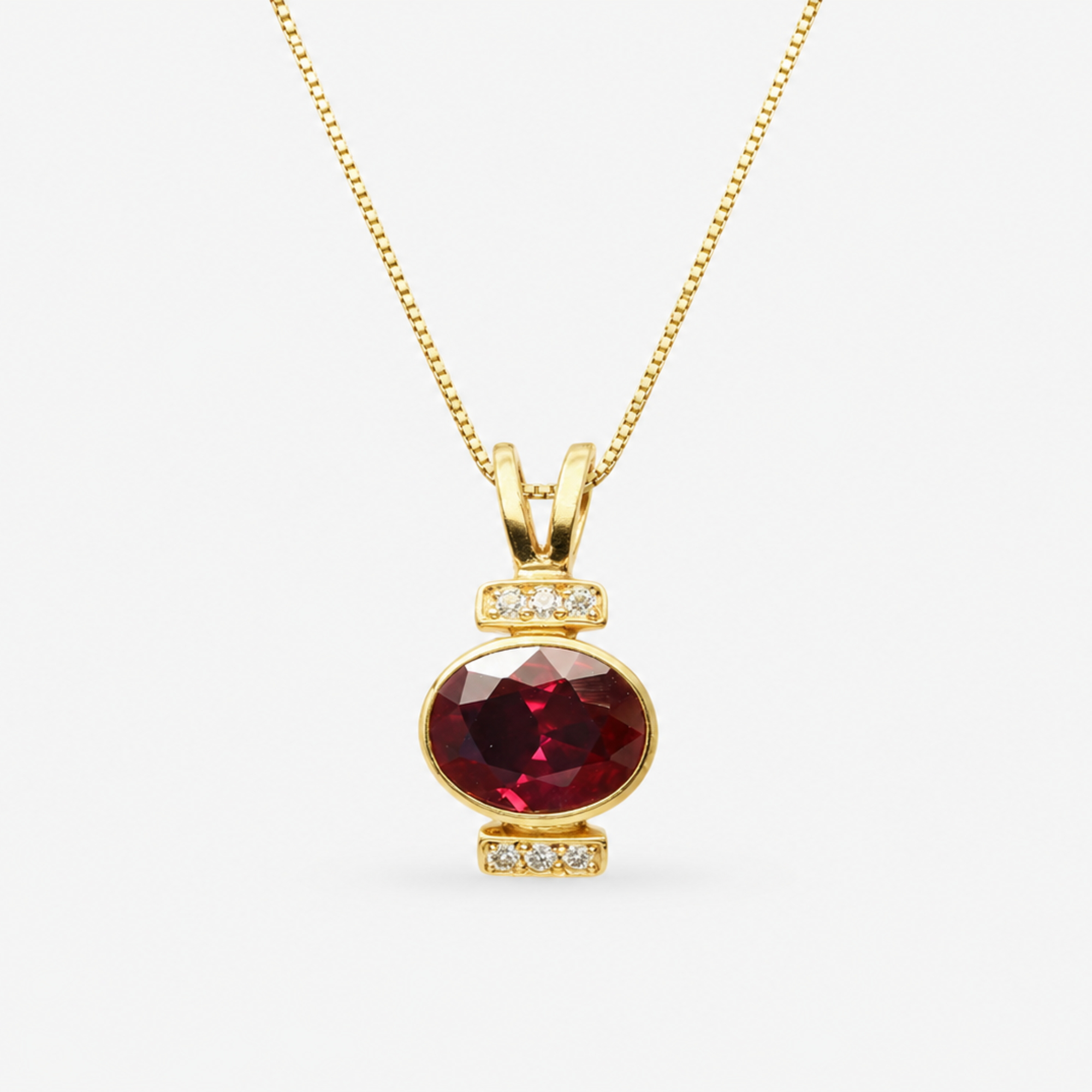 Created Ruby Pendant made in 18k Gold Vermeil with Oval Created Red Ruby in Bezel setting, July Birthstone gift idea, symbolizes nobility, purity, and passion, ideal for everyday wear and perfect for birthday gifting and special occasions.