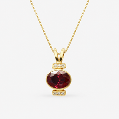 Created Ruby Pendant made in 18k Gold Vermeil with Oval Created Red Ruby in Bezel setting, July Birthstone gift idea, symbolizes nobility, purity, and passion, ideal for everyday wear and perfect for birthday gifting and special occasions.