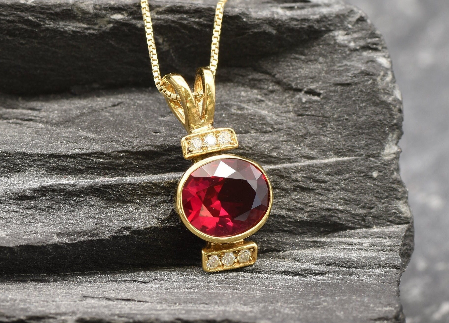 Elegant Ruby Pendant in 18k Gold Vermeil, featuring an Oval Created Red Ruby, perfect for birthdays and special occasions.