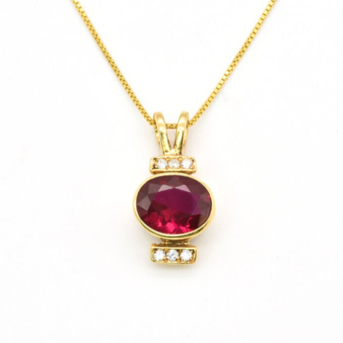 Created Ruby Pendant made in 18k Gold Vermeil with Oval Created Red Ruby in Bezel setting, July Birthstone gift idea, symbolizes nobility, purity, and passion, ideal for everyday wear and perfect for birthday gifting and special occasions.