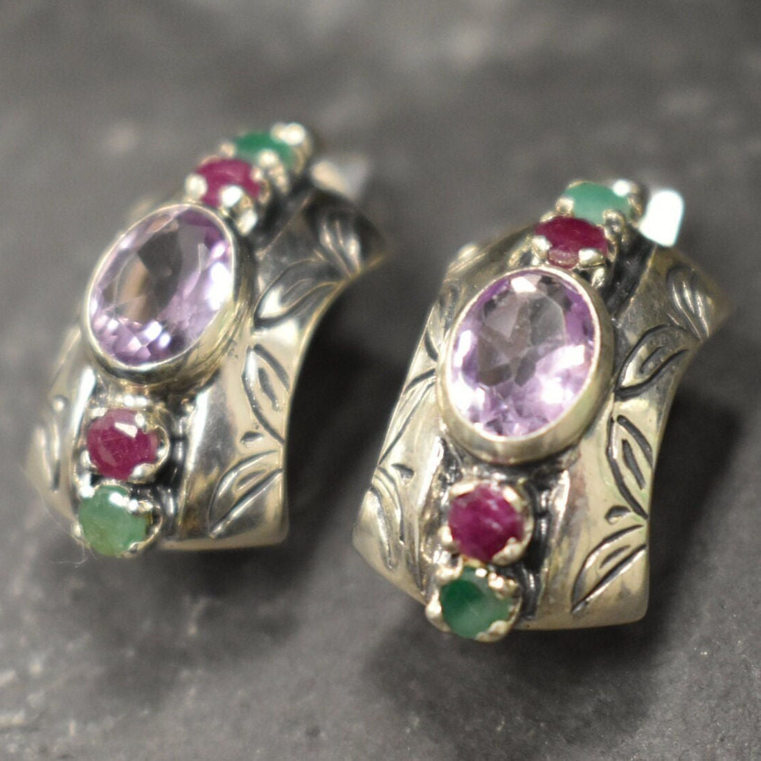 Amethyst Earrings, Natural Amethyst, Tribal Earrings, February Birthstone Earrings, Statement Studs, Boho Earrings, Solid Silver Earrings