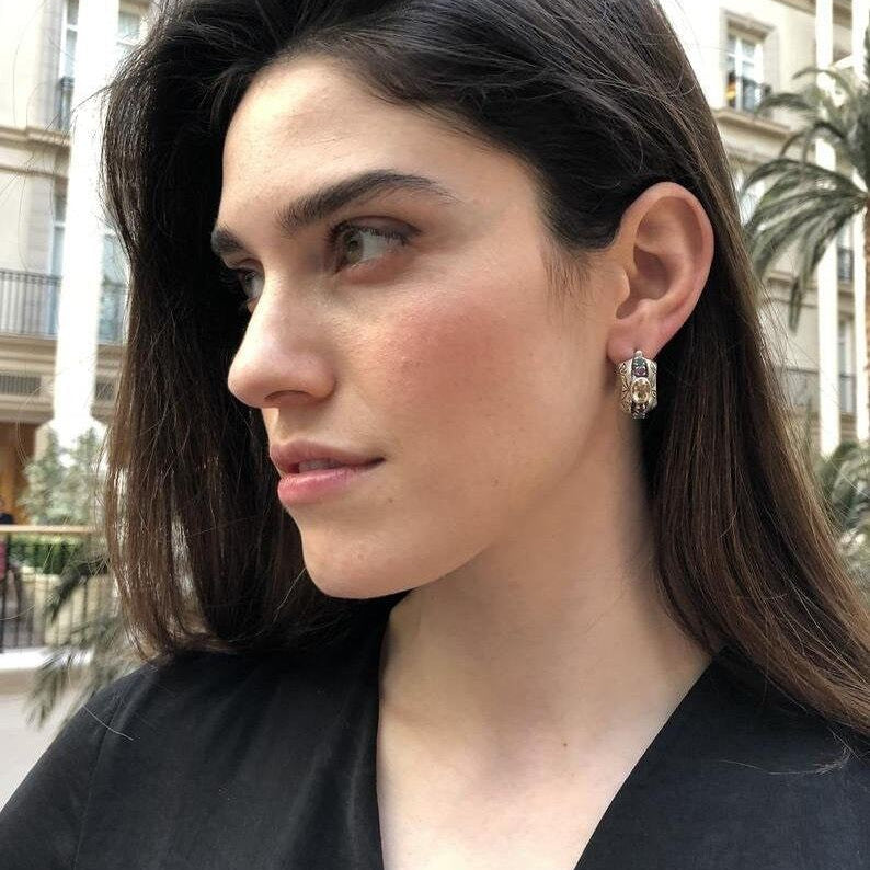 Amethyst Earrings, Natural Amethyst, Tribal Earrings, February Birthstone Earrings, Statement Studs, Boho Earrings, Solid Silver Earrings