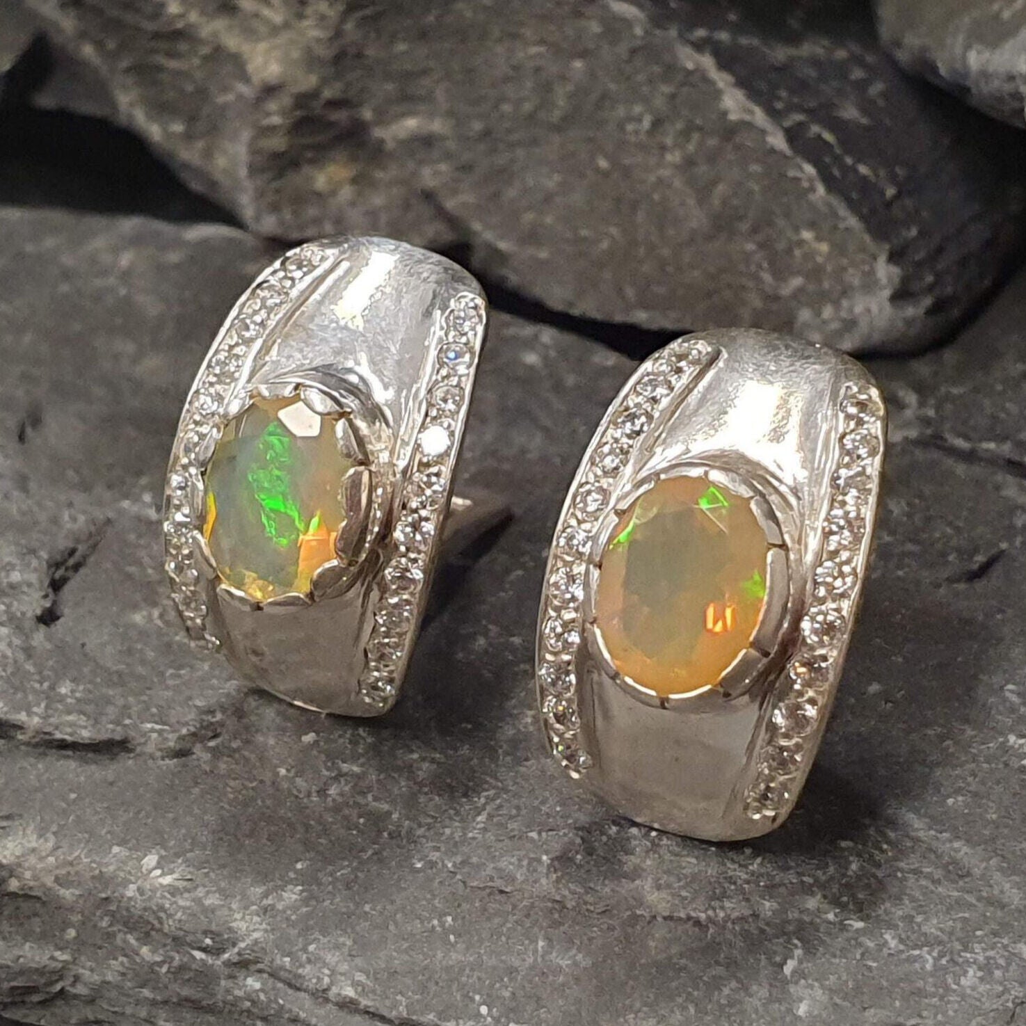 Opal Earrings, Ethiopian Opal, October Birthstone, Shield Earrings, Vintage Studs, Long Earrings, Dangling Earrings, Solid Silver Earrings