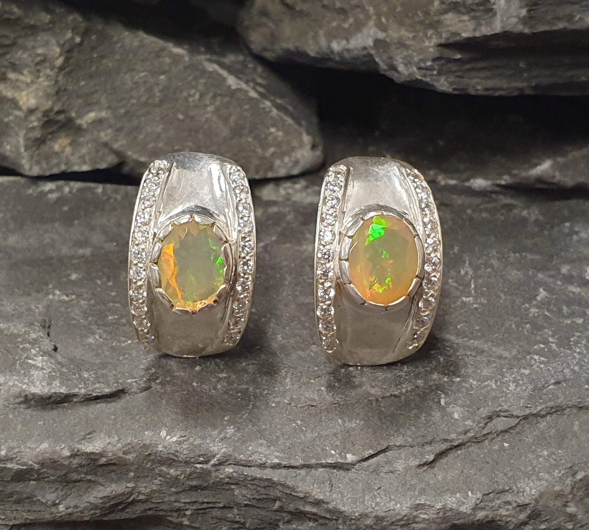 Opal Earrings, Ethiopian Opal, October Birthstone, Shield Earrings, Vintage Studs, Long Earrings, Dangling Earrings, Solid Silver Earrings