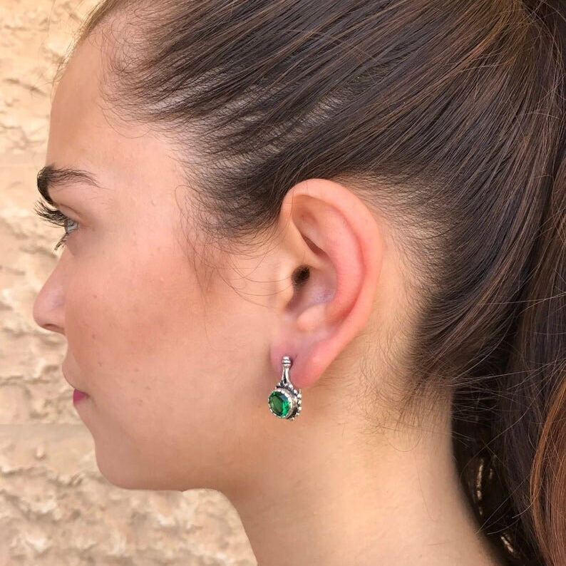 Green Vintage Earrings, Chrysoprase Earrings, Flower Earrings, Solid Silver Earrings, Green Stone Earrings, Green Earrings, May Earrings