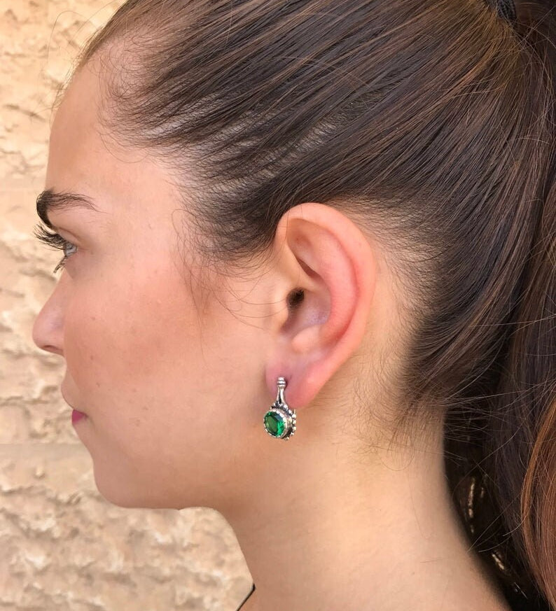Green Vintage Earrings, Chrysoprase Earrings, Flower Earrings, Solid Silver Earrings, Green Stone Earrings, Green Earrings, May Earrings