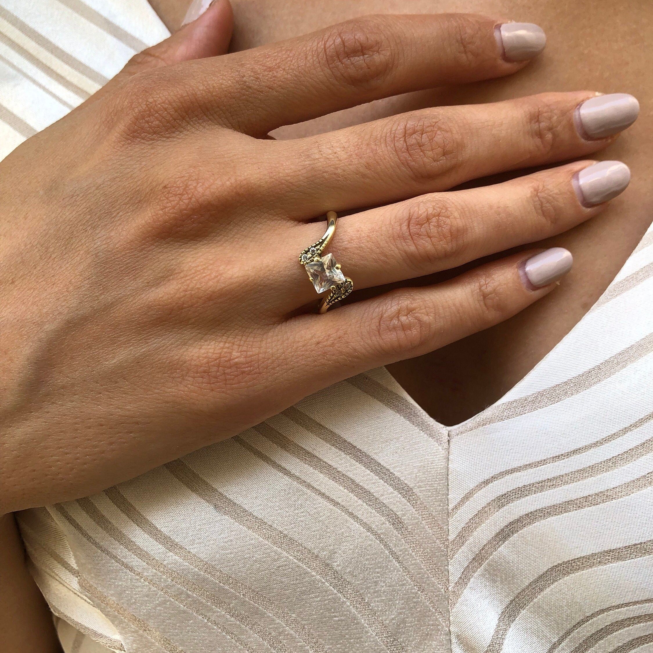Antique Gold Ring, White Topaz Ring, Dainty Ring, December Birthstone, Princess Cut, Engagement Diamond Ring, Vintage Ring, 925 Silver Ring