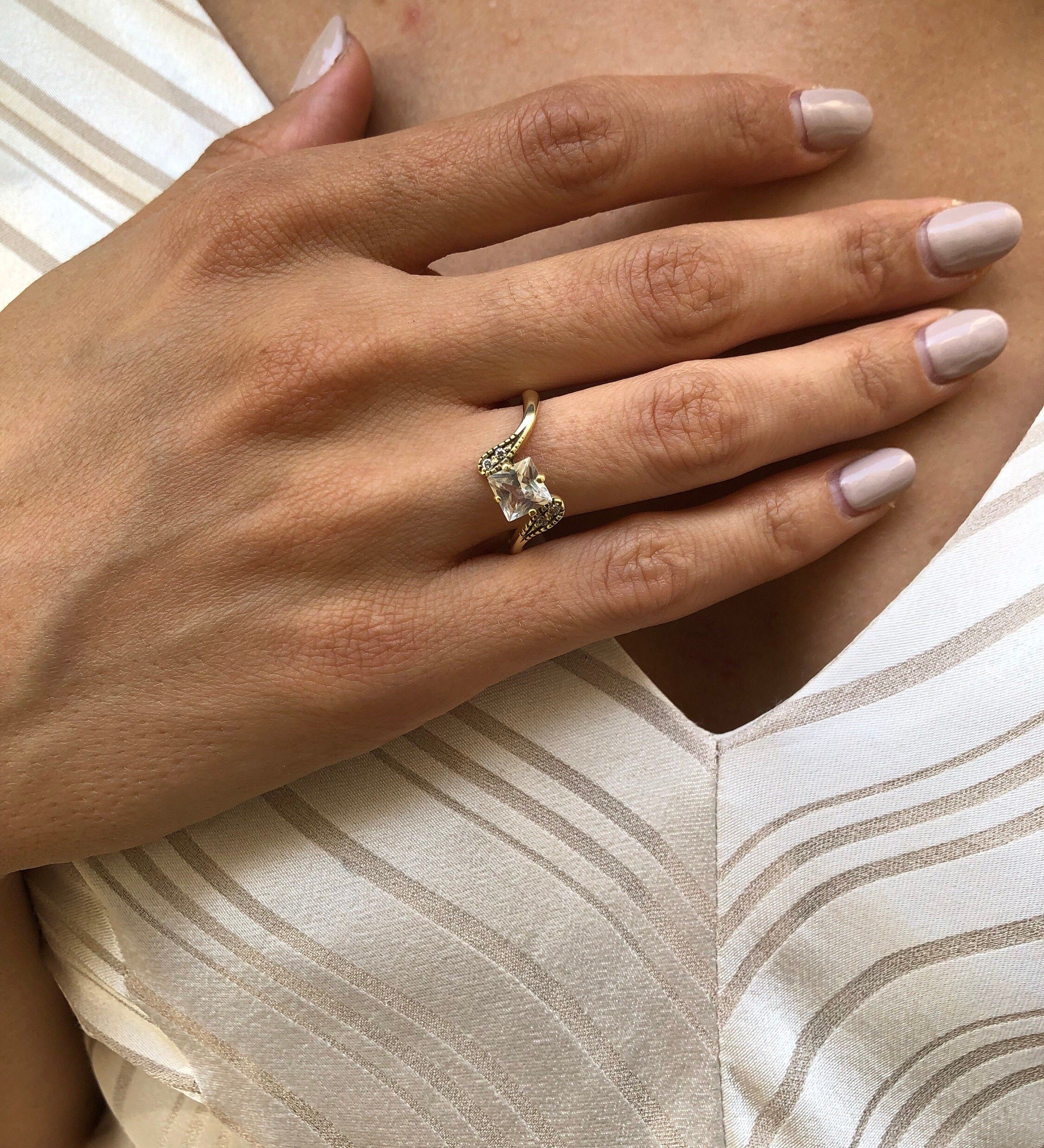 Antique Gold Ring, White Topaz Ring, Dainty Ring, December Birthstone, Princess Cut, Engagement Diamond Ring, Vintage Ring, 925 Silver Ring
