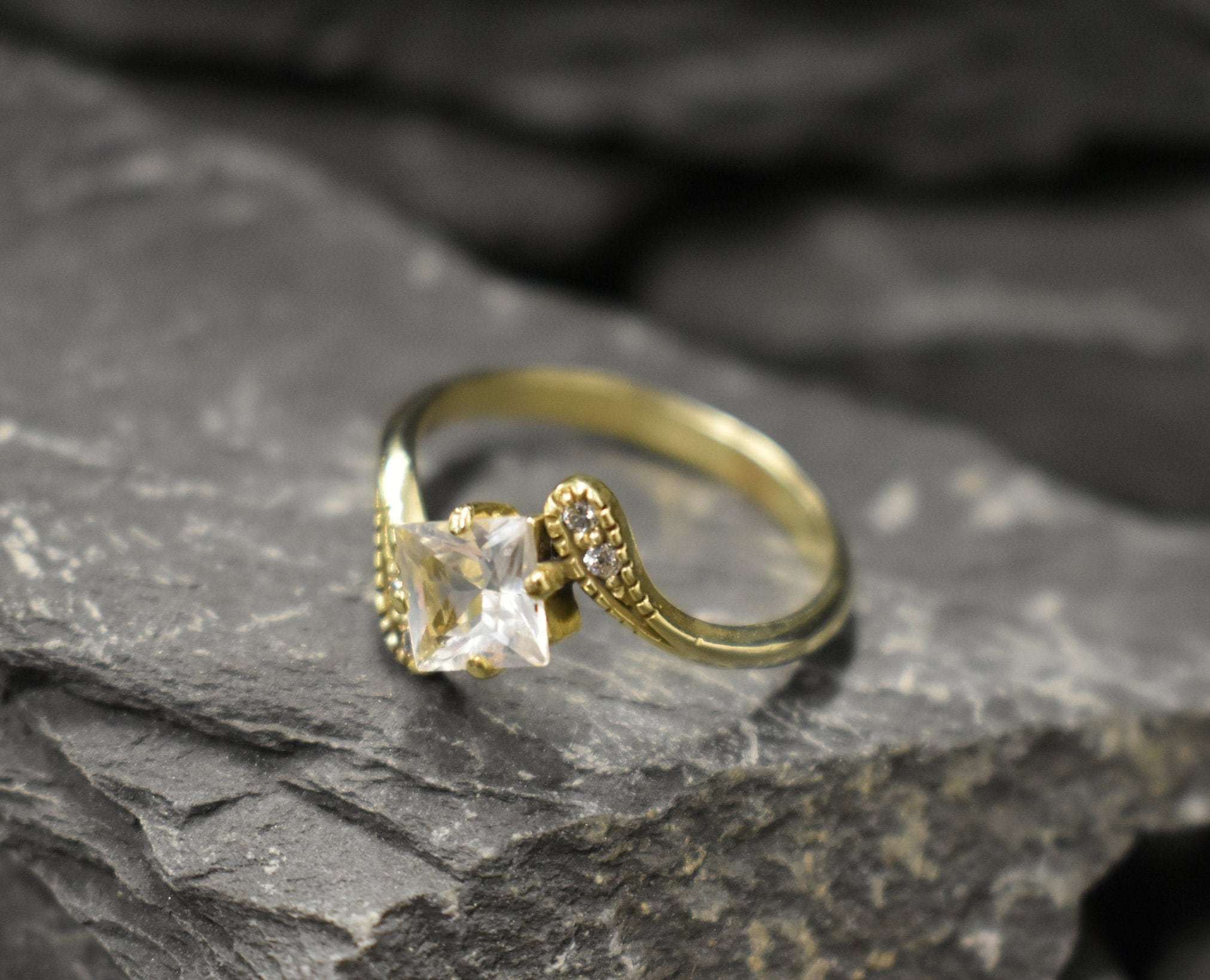 Antique Gold Ring, White Topaz Ring, Dainty Ring, December Birthstone, Princess Cut, Engagement Diamond Ring, Vintage Ring, 925 Silver Ring