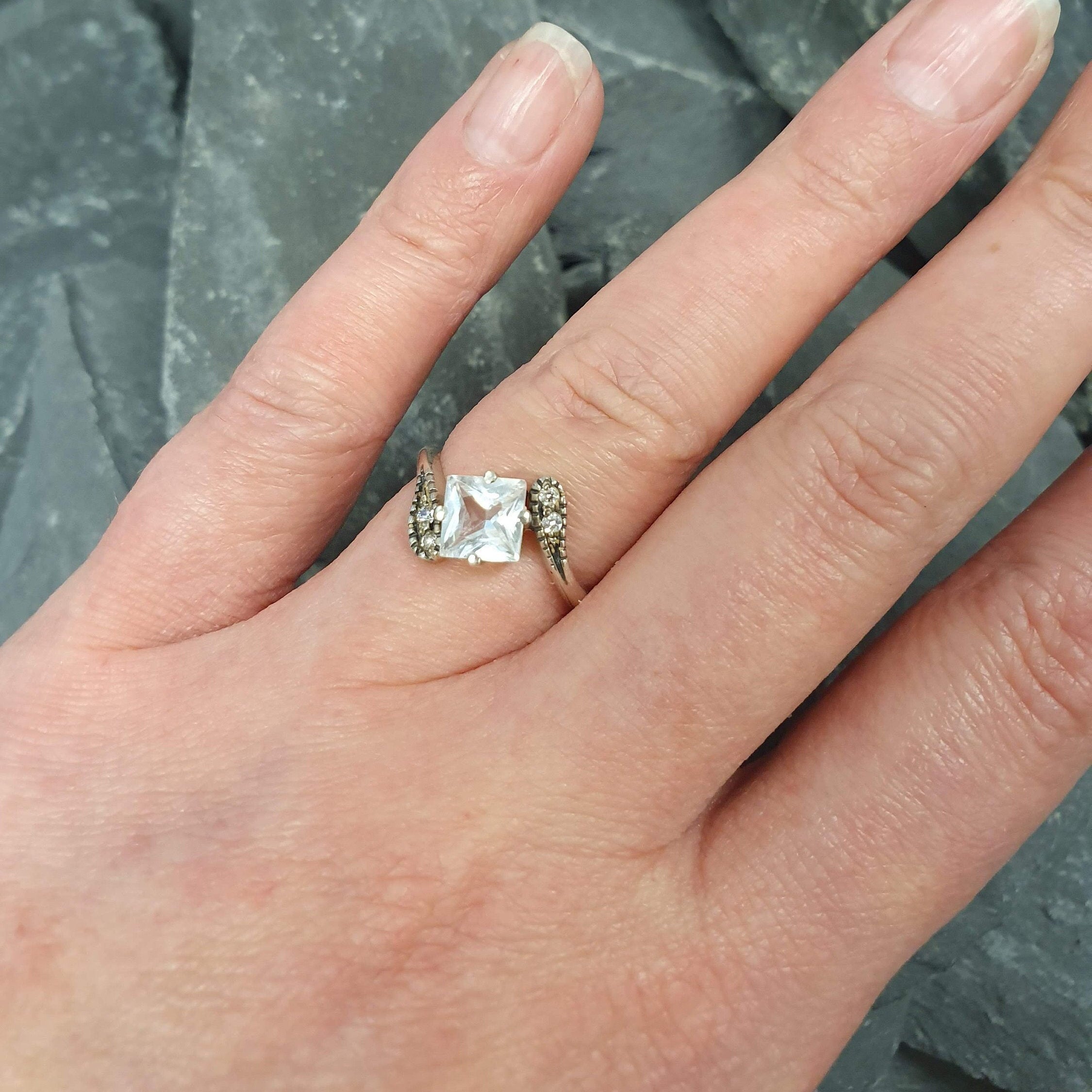 Antique Gold Ring, White Topaz Ring, Dainty Ring, December Birthstone, Princess Cut, Engagement Diamond Ring, Vintage Ring, 925 Silver Ring(2)