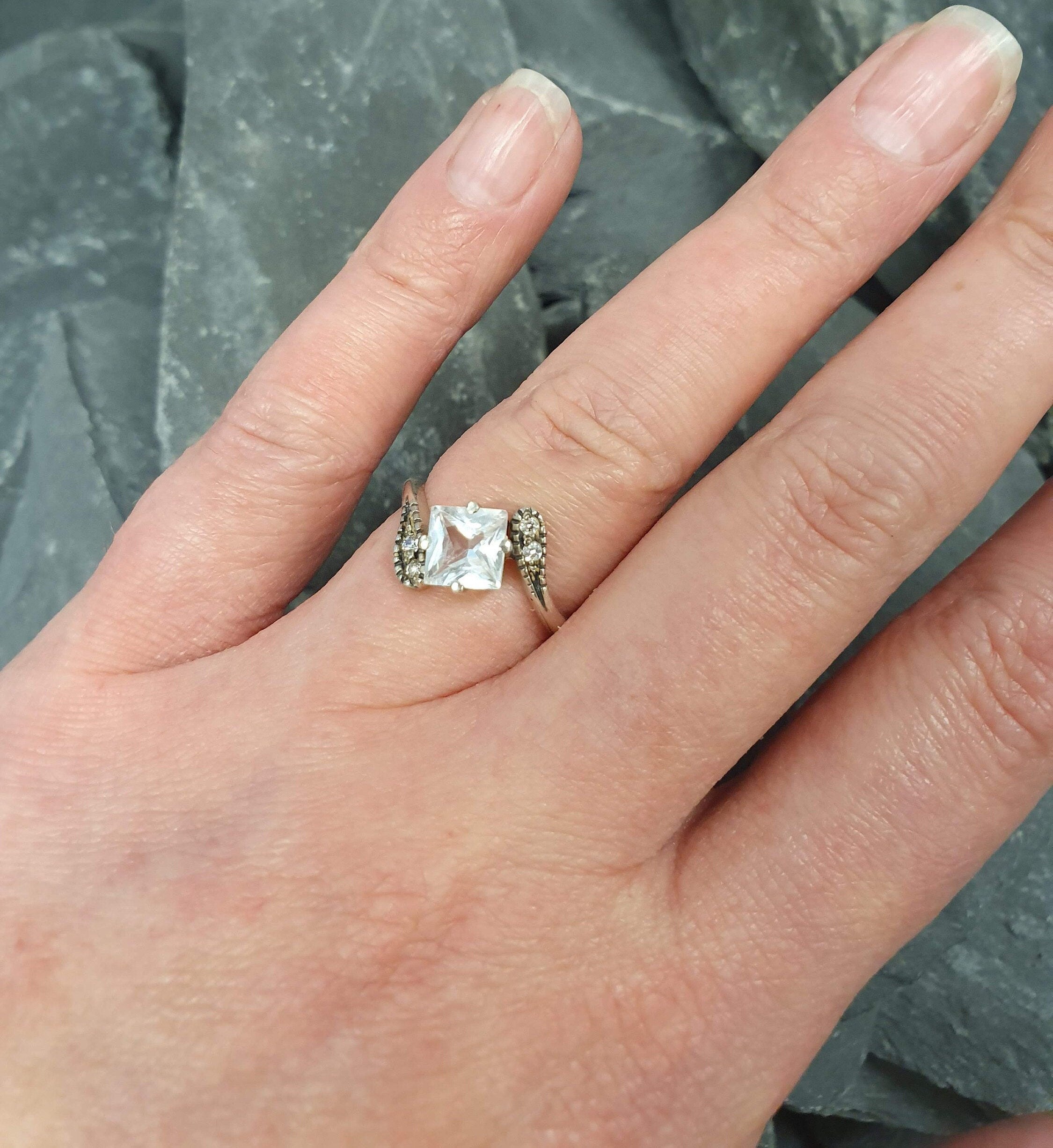 Antique Gold Ring, White Topaz Ring, Dainty Ring, December Birthstone, Princess Cut, Engagement Diamond Ring, Vintage Ring, 925 Silver Ring(2)