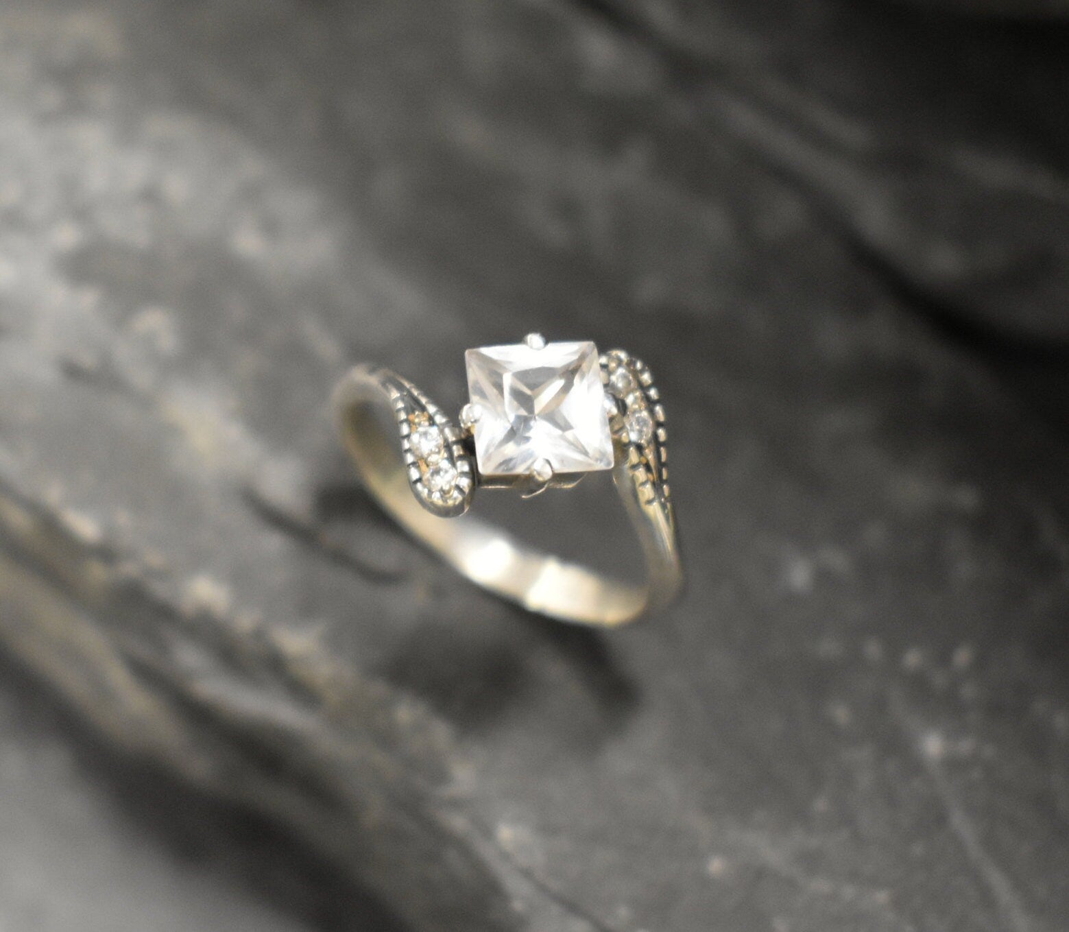 Antique Gold Ring, White Topaz Ring, Dainty Ring, December Birthstone, Princess Cut, Engagement Diamond Ring, Vintage Ring, 925 Silver Ring(2)