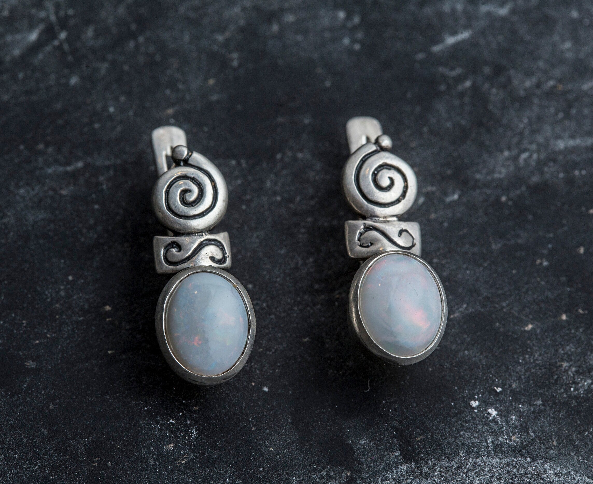 Opal Earrings, Natural Opal, Vintage Earrings, Fire Opal Earrings, October Birthstone, Long Studs, Symbolic Earrings, 925 Silver Earrings