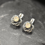 White Rose Earrings - Natural Opal Studs - Vintage Flower Earrings