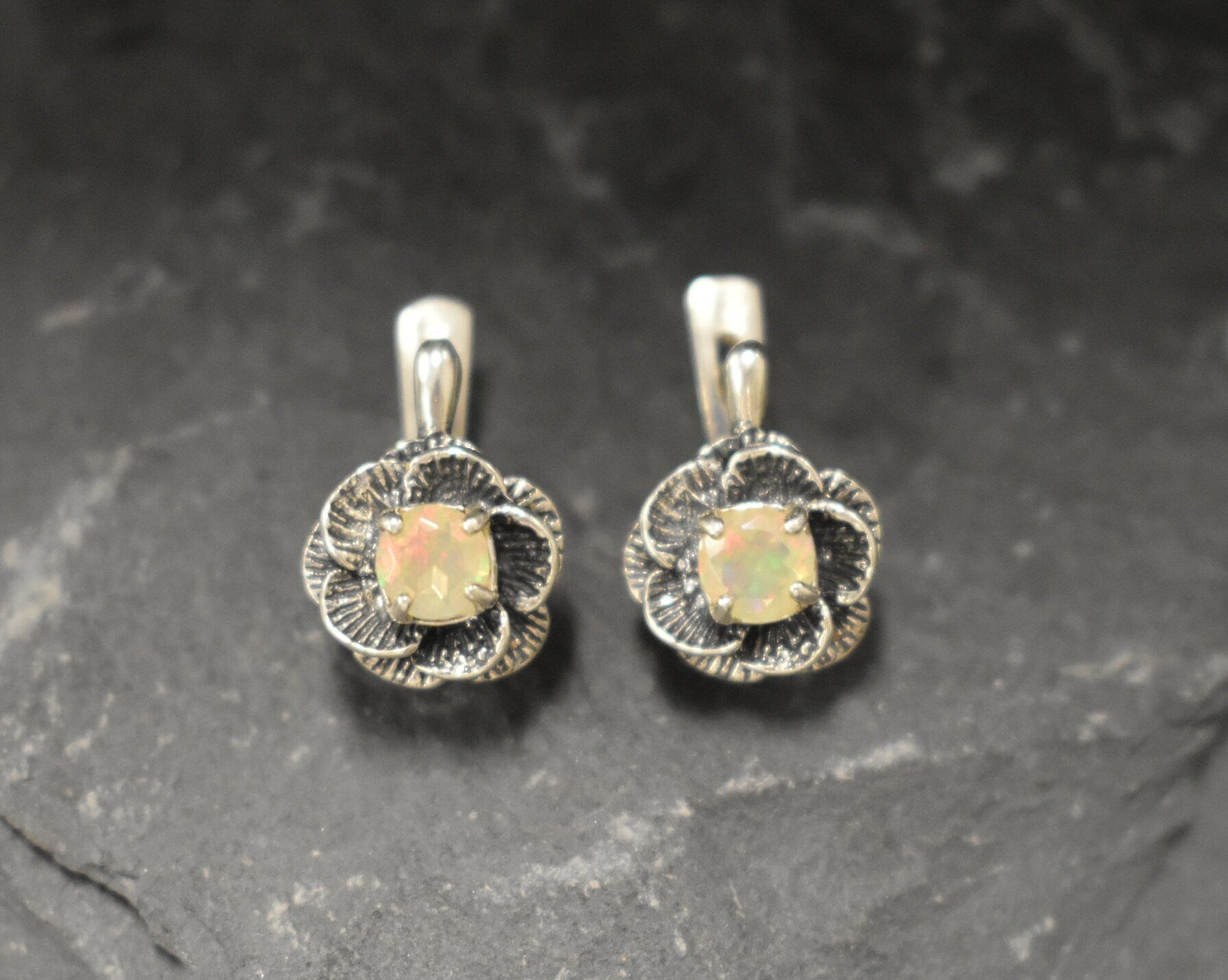 Rose Earrings, Fire Opal Earrings, Vintage Flower Studs, October Birthstone, Ethiopian Opal, Dainty Floral Earrings, Solid Silver Earrings