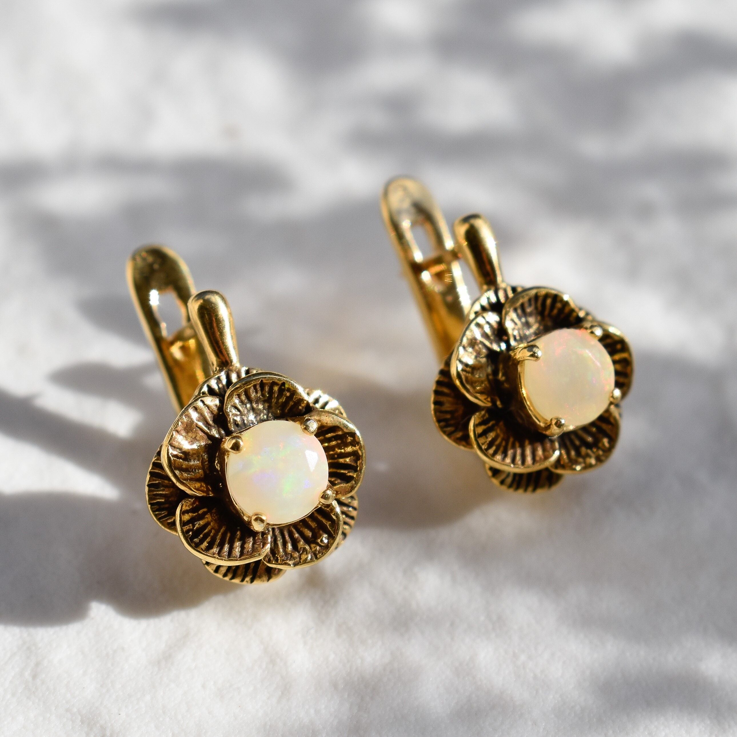 Rose Earrings, Fire Opal Earrings, Vintage Flower Studs, October Birthstone, Ethiopian Opal, Dainty Floral Earrings, Solid Silver Earrings(1)