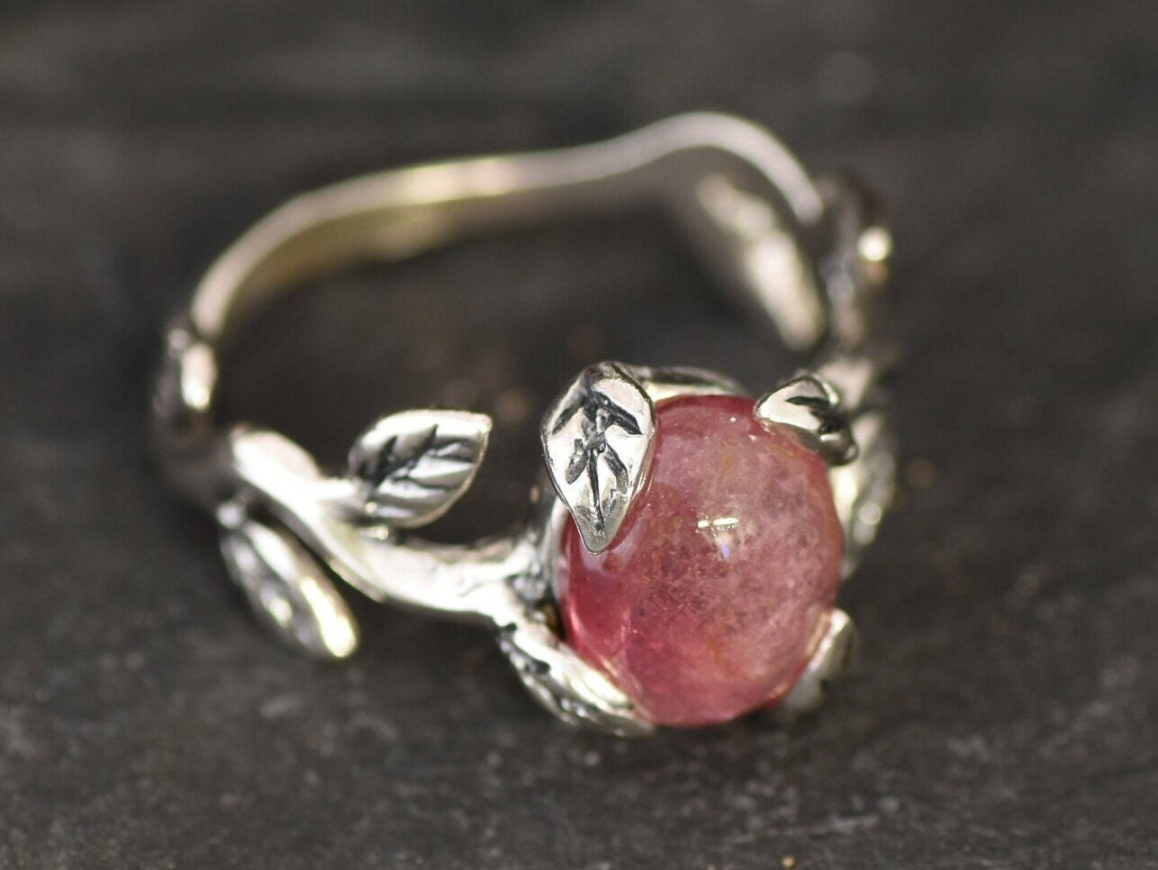 Pink Tourmaline Ring, Natural Tourmaline, Pink Leaf Ring, October Birthstone, Branch Ring, Vintage Ring, Bohemian Ring, Solid Silver Ring