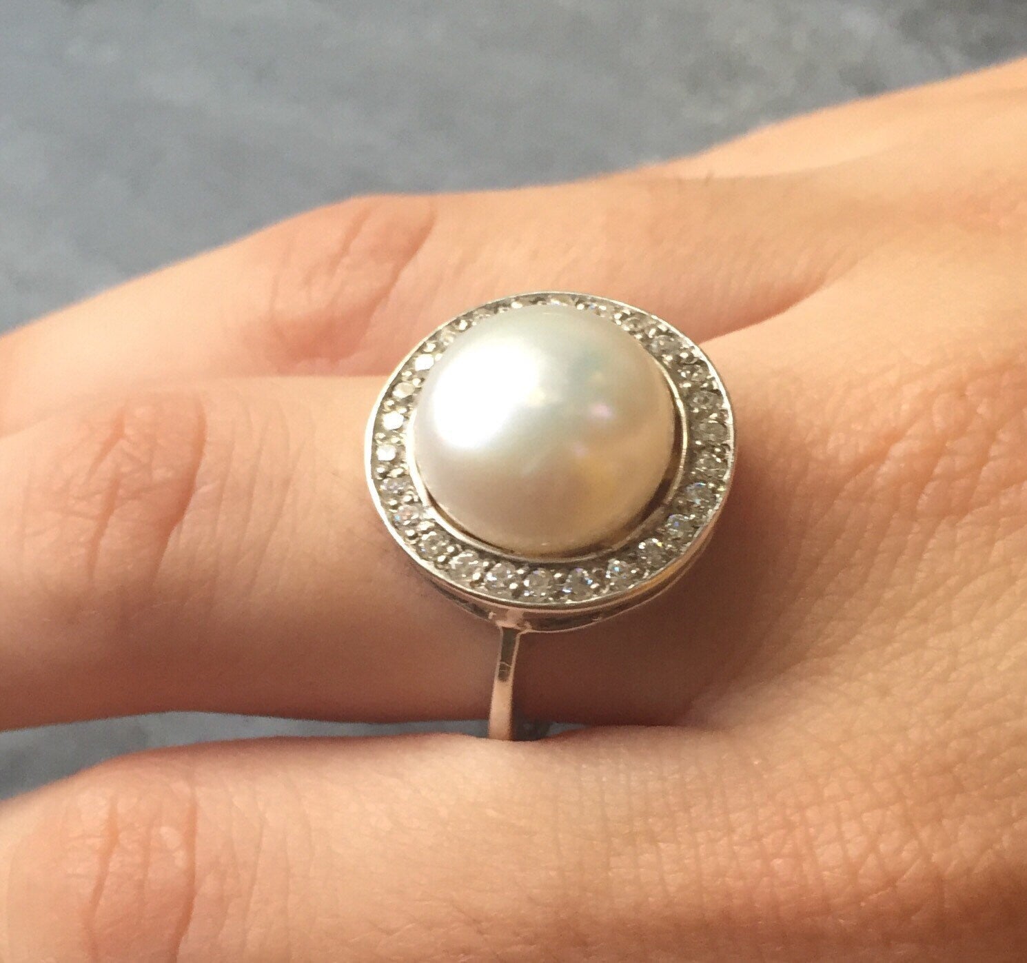 White Pearl Ring, Natural Pearl, June Birthstone, Genuine Pearl, Large Pearl Ring, Pearl and Diamonds, CZ Diamonds, June Ring, Solid Silver