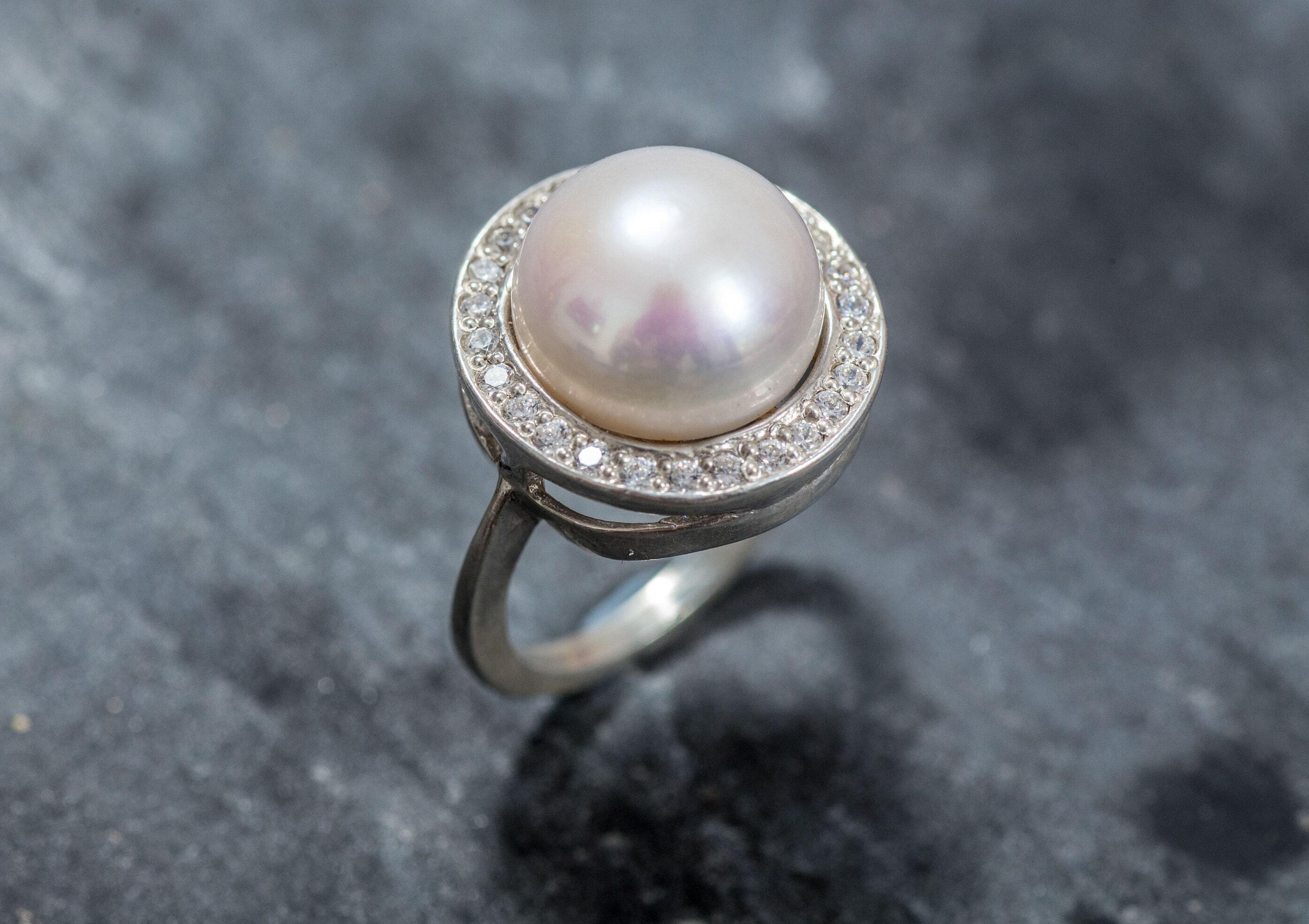 White Pearl Ring, Natural Pearl, June Birthstone, Genuine Pearl, Large Pearl Ring, Pearl and Diamonds, CZ Diamonds, June Ring, Solid Silver