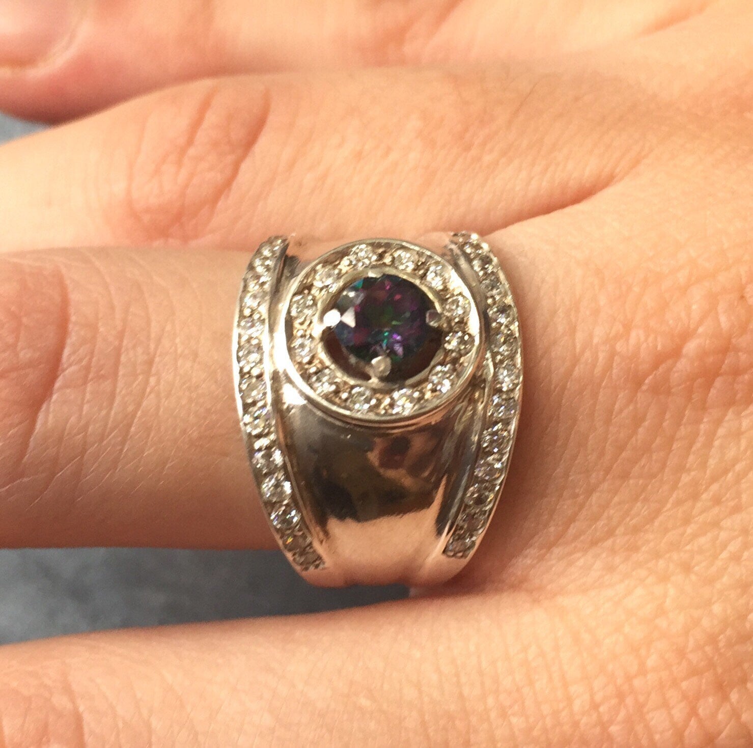 Mystic Topaz Ring, December Birthstone, Bezel Ring, Vintage Rings, December Ring, Wide Ring, Natural Topaz, Solid Silver Ring, Pure Silver