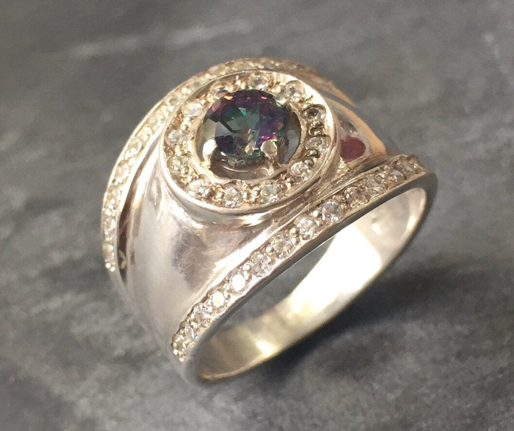 Mystic Topaz Ring, December Birthstone, Bezel Ring, Vintage Rings, December Ring, Wide Ring, Natural Topaz, Solid Silver Ring, Pure Silver