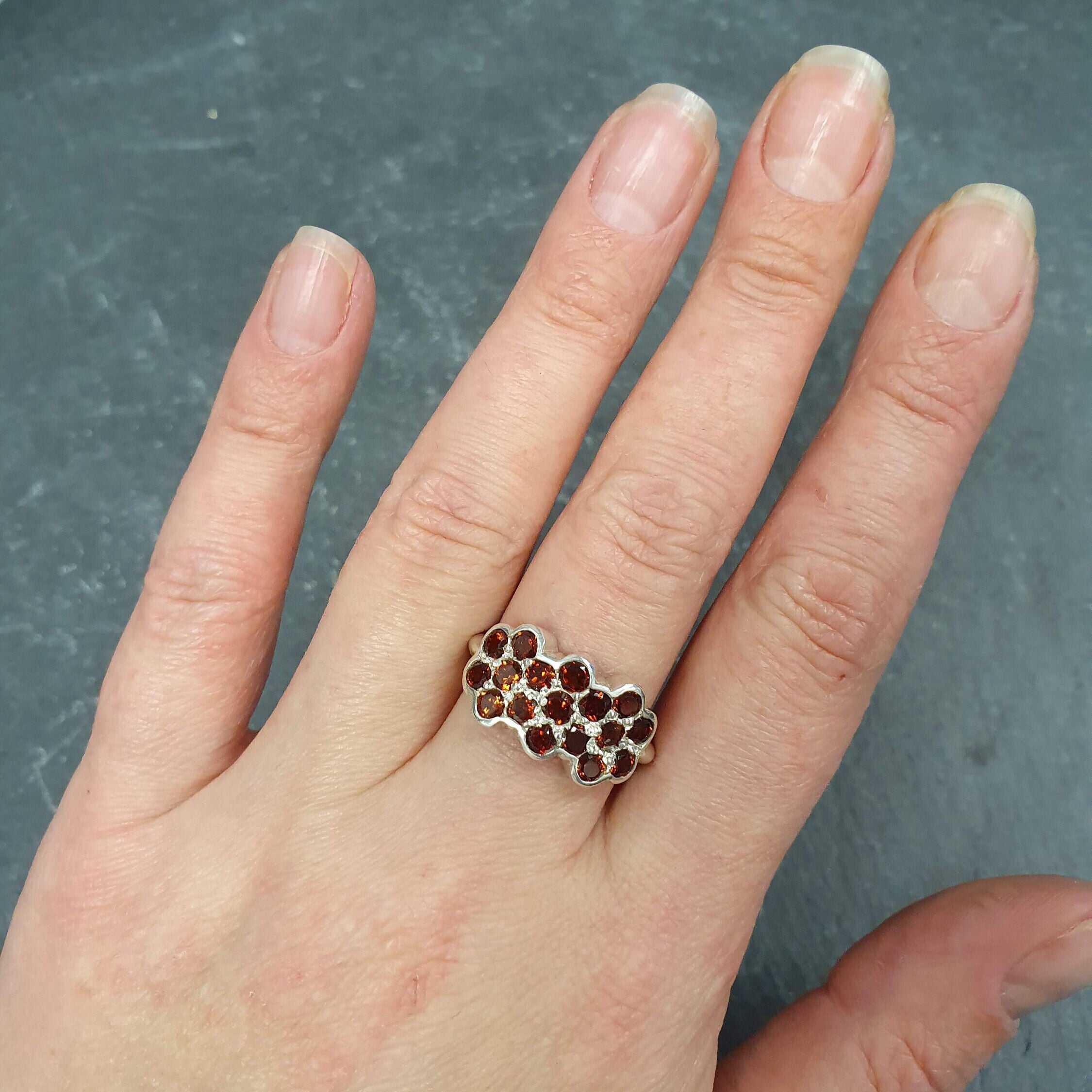 Red Garnet Ring, Natural Garnet, Flower Band, January Birthstone, Red Flower Ring, Vintage Band, Red Diamond Ring, 925 Sterling Silver Ring