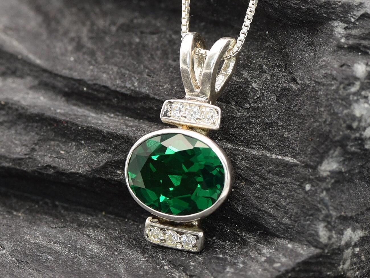 Created Emerald Pendant made in 925 Sterling Silver with Oval Created Green Emerald in Bezel setting, May Birthstone gift idea, symbolizes, ideal for everyday wear and perfect for birthday gifting and special occasions.
