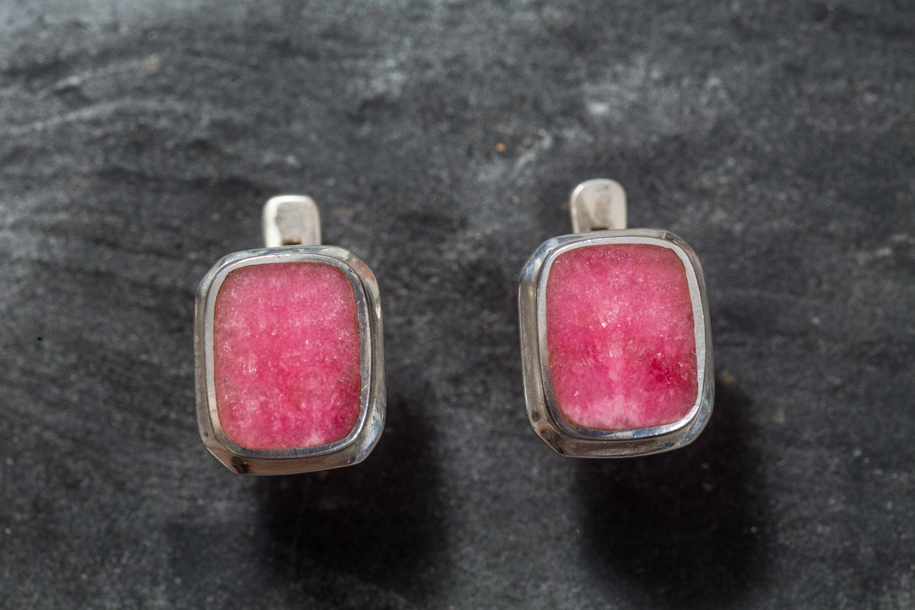 Rhodochrosite Earrings, Natural Rhodochrosite, Rectangle Earrings, February Birthstone, Vintage Earrings, Pink Earrings, Silver Earrings