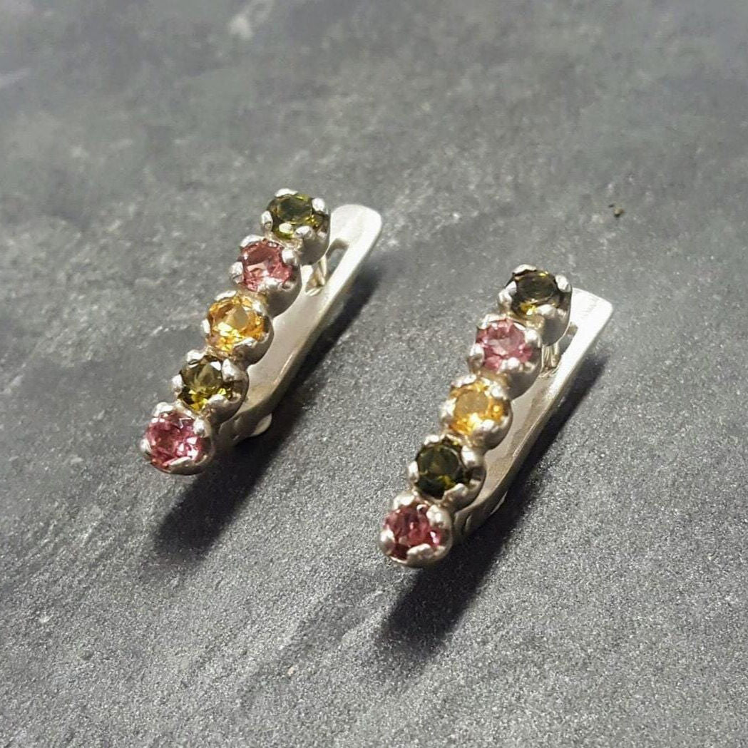 Tourmalines Earrings, Delicate Earrings, Vintage Studs, October Birthstone, Vintage Earrings, Line Studs, Solid Silver Earrings, Tourmalines