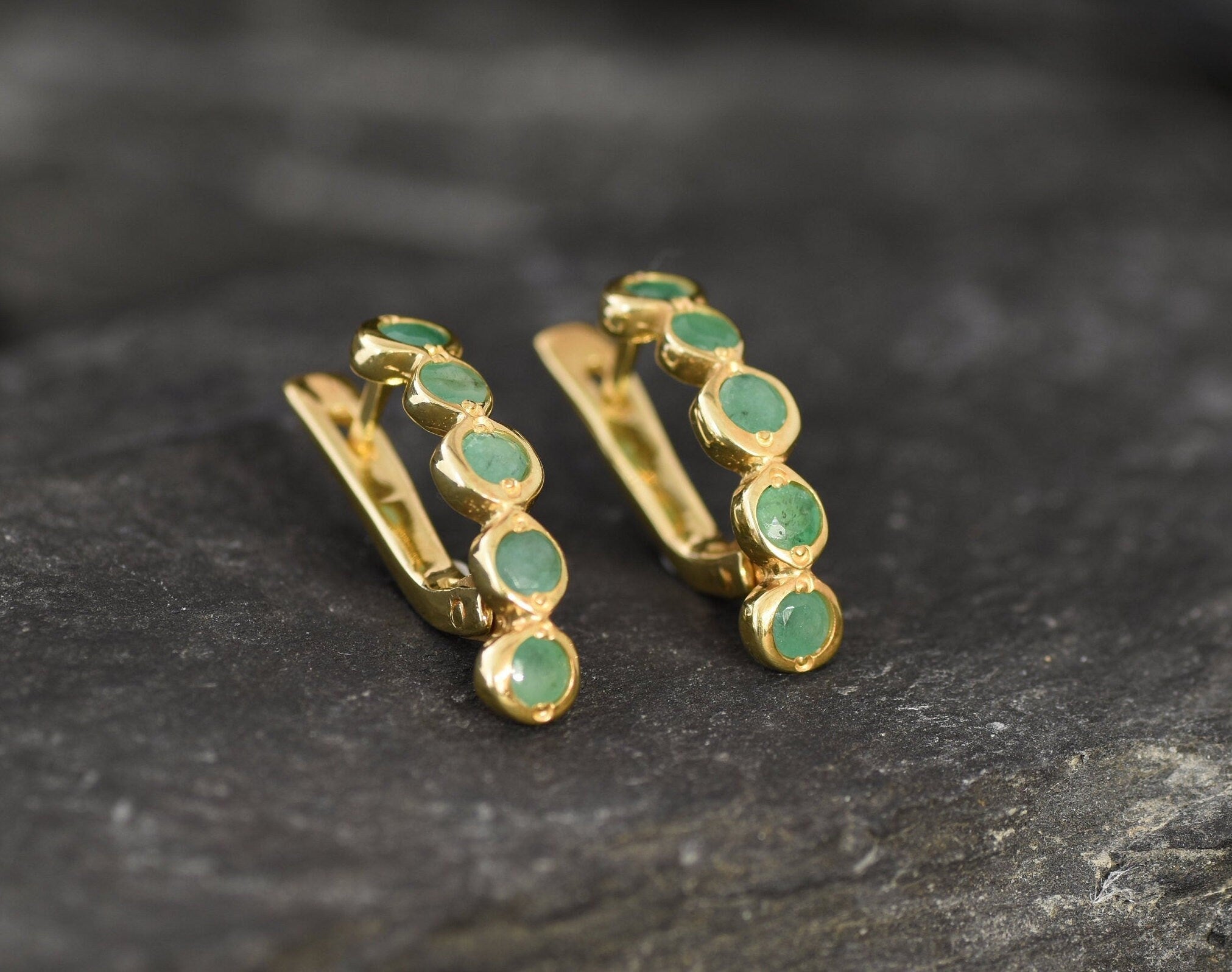 Natural Emerald Earrings made in 18k Gold Vermeil with Round Natural Green Emerald in Flush setting, May Birthstone gift idea, symbolizes growth, harmony, and deep emotional healing, ideal for everyday wear and perfect for birthday gifting and special occasions.