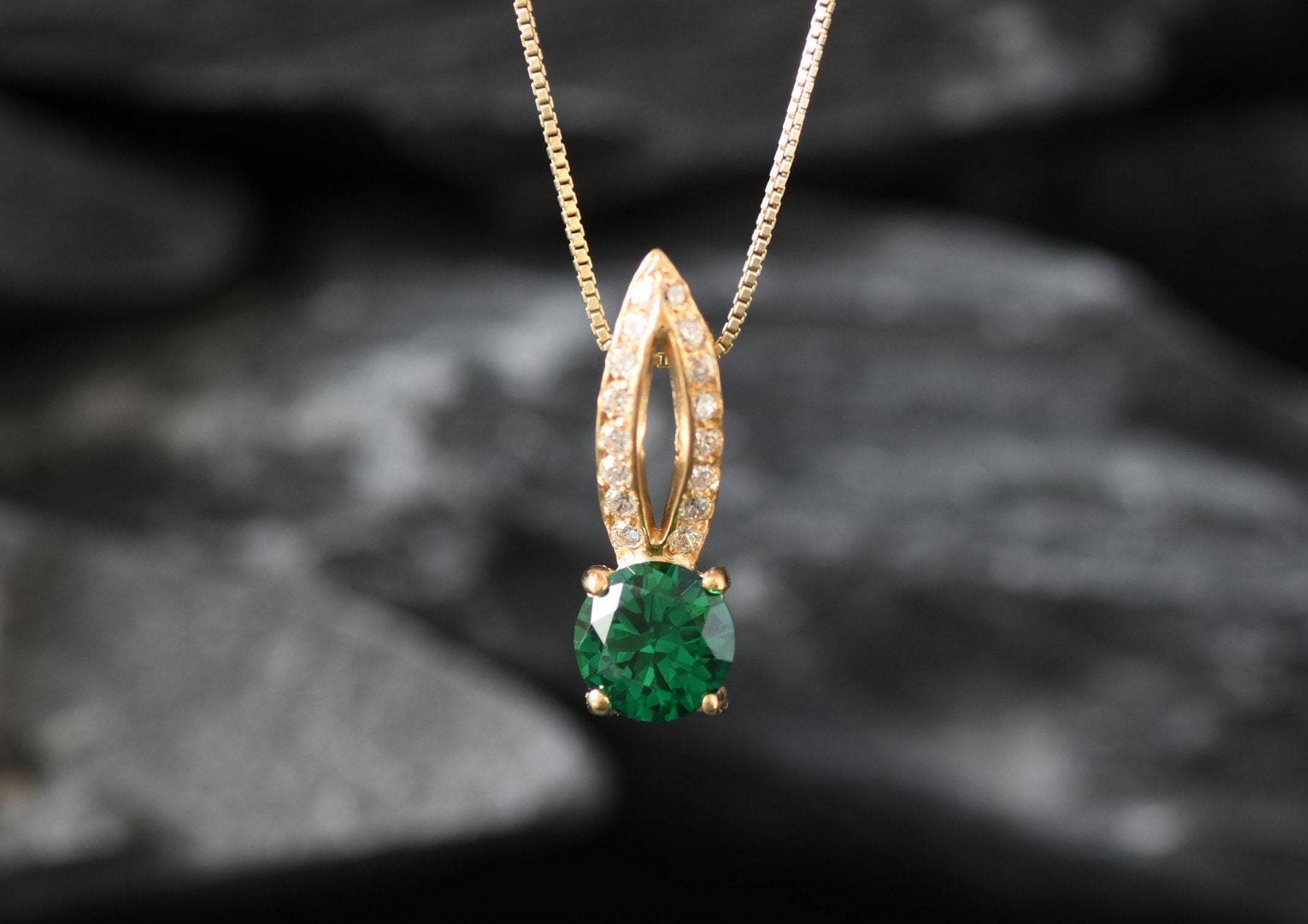 Created Emerald Pendant made in 18k Gold Vermeil with Round Created Green Emerald in Solitaire with Accents setting, May Birthstone gift idea, symbolizes, ideal for everyday wear and perfect for birthday gifting and special occasions.