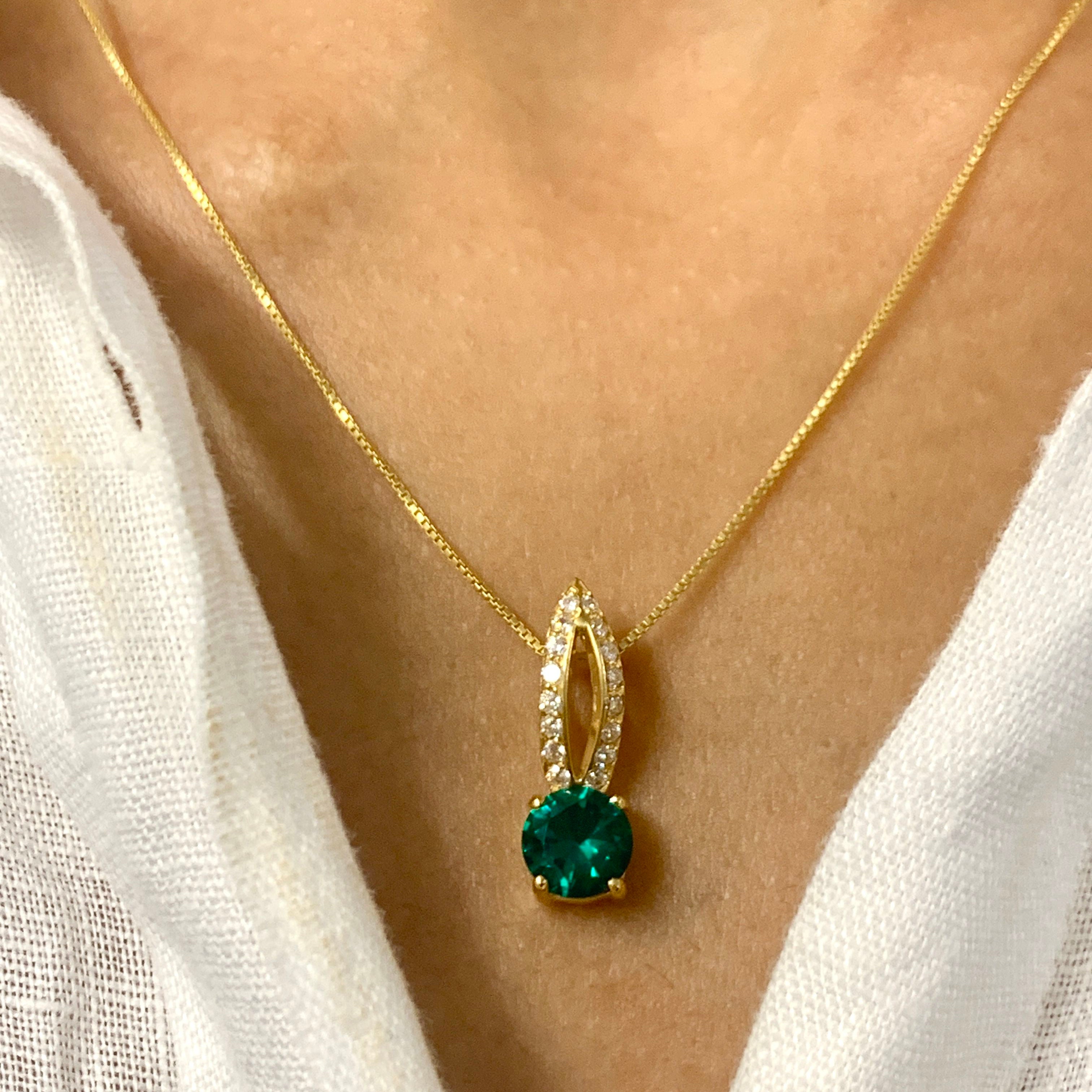 18k Gold Vermeil Emerald Pendant with Round Created Green Emerald, perfect May birthstone gift for special occasions.